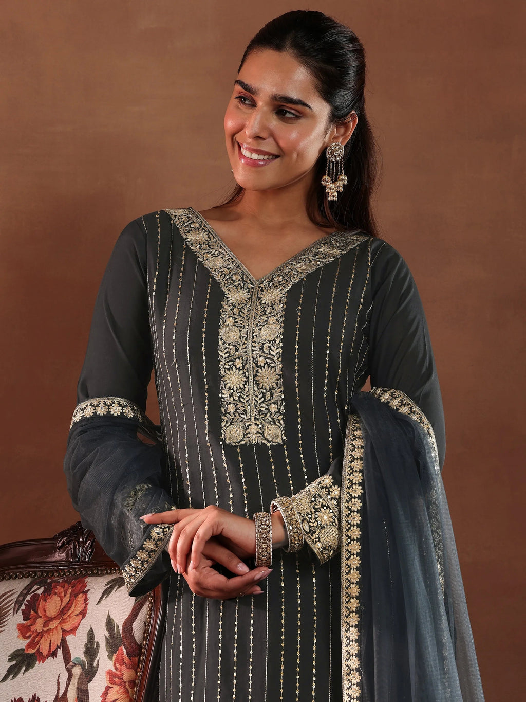 Grey Embroidered Silk Blend Straight Suit With Dupatta