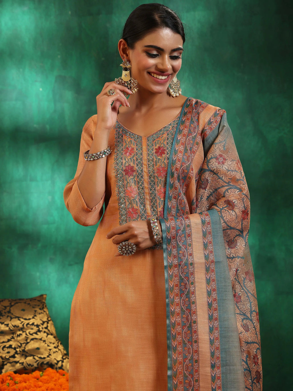 Orange Yoke Design Silk Blend Straight Suit With Dupatta