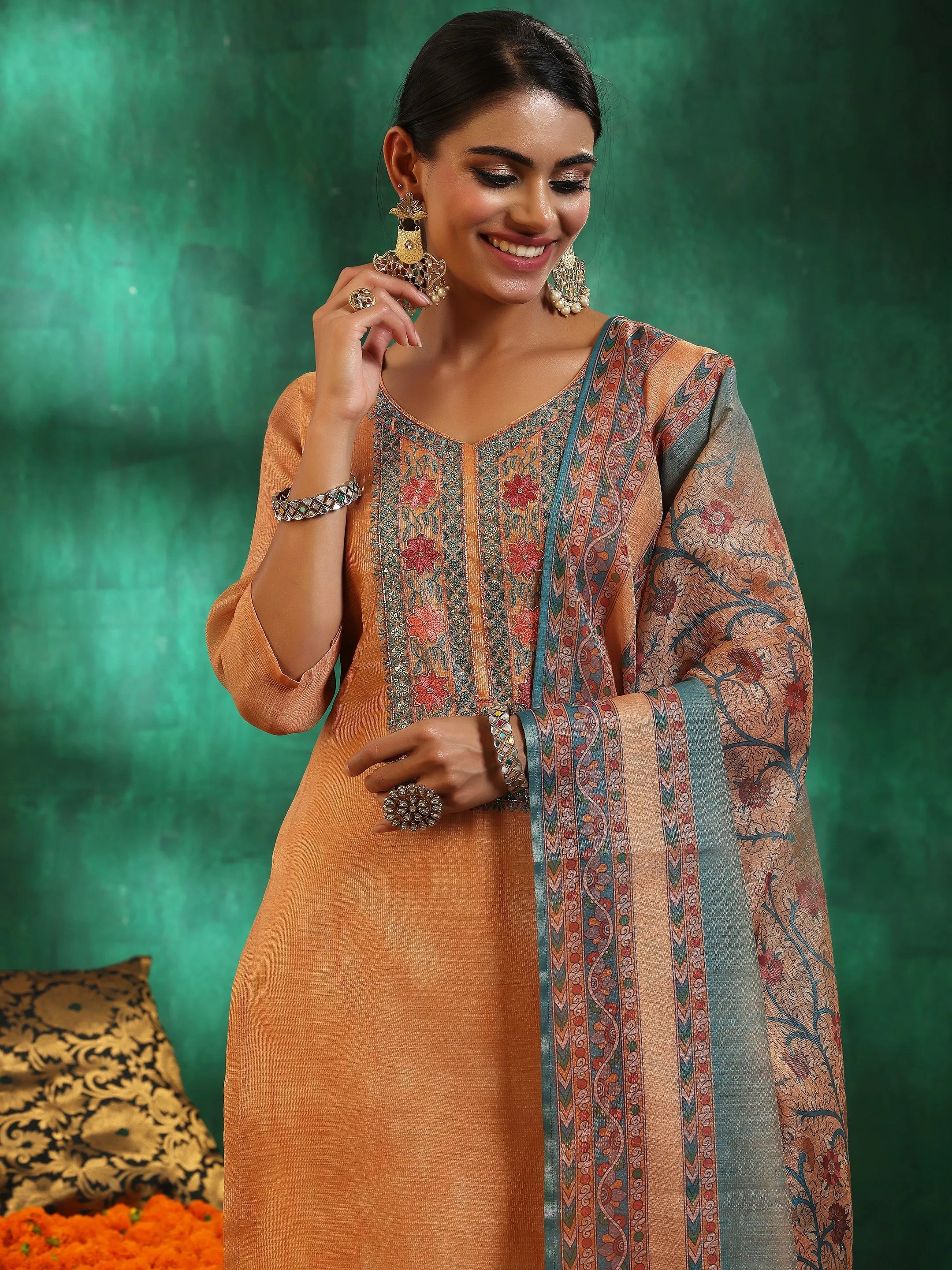 Orange Yoke Design Silk Blend Straight Suit With Dupatta