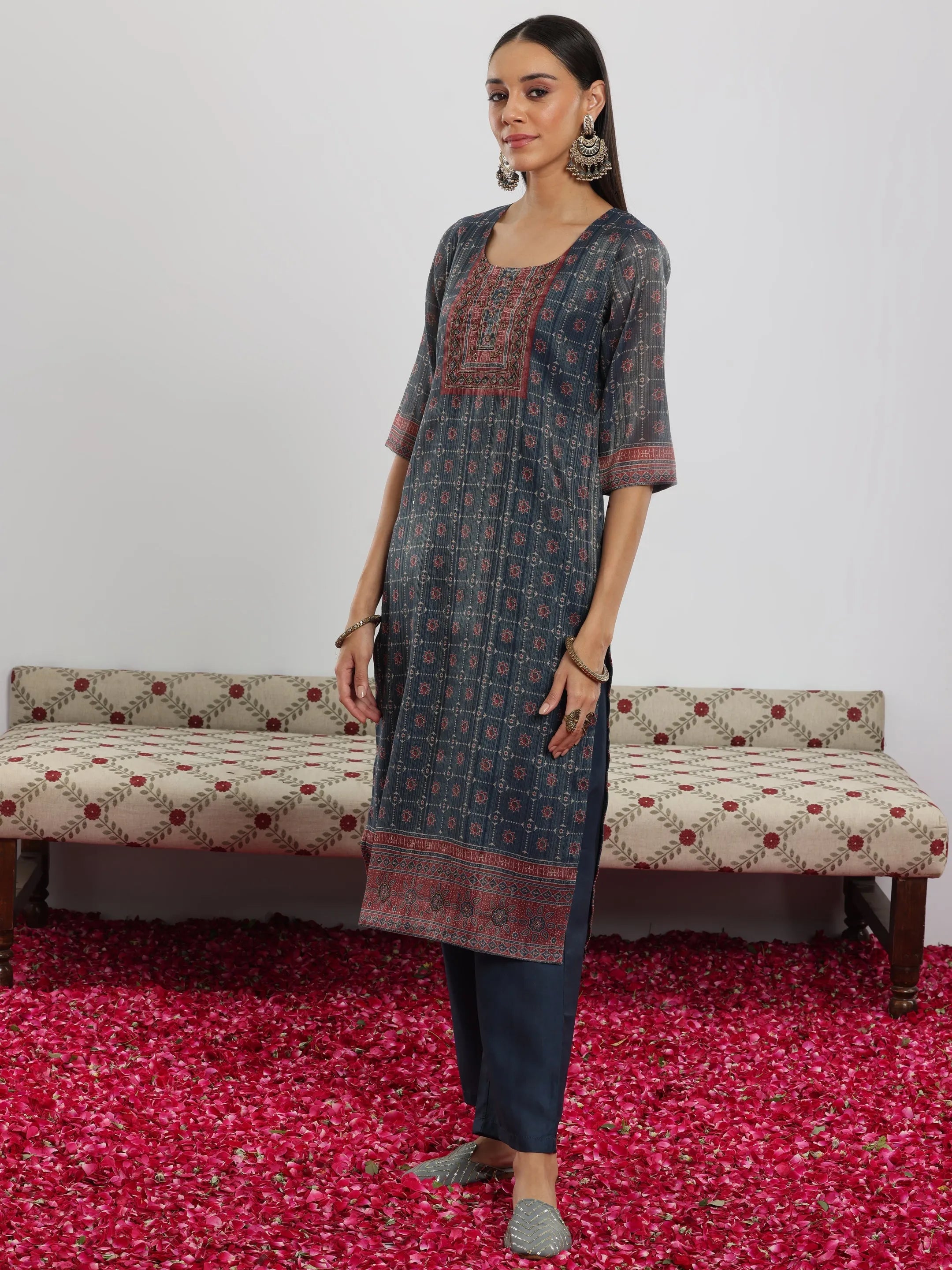 Blue Printed Silk Blend Straight Suit With Dupatta