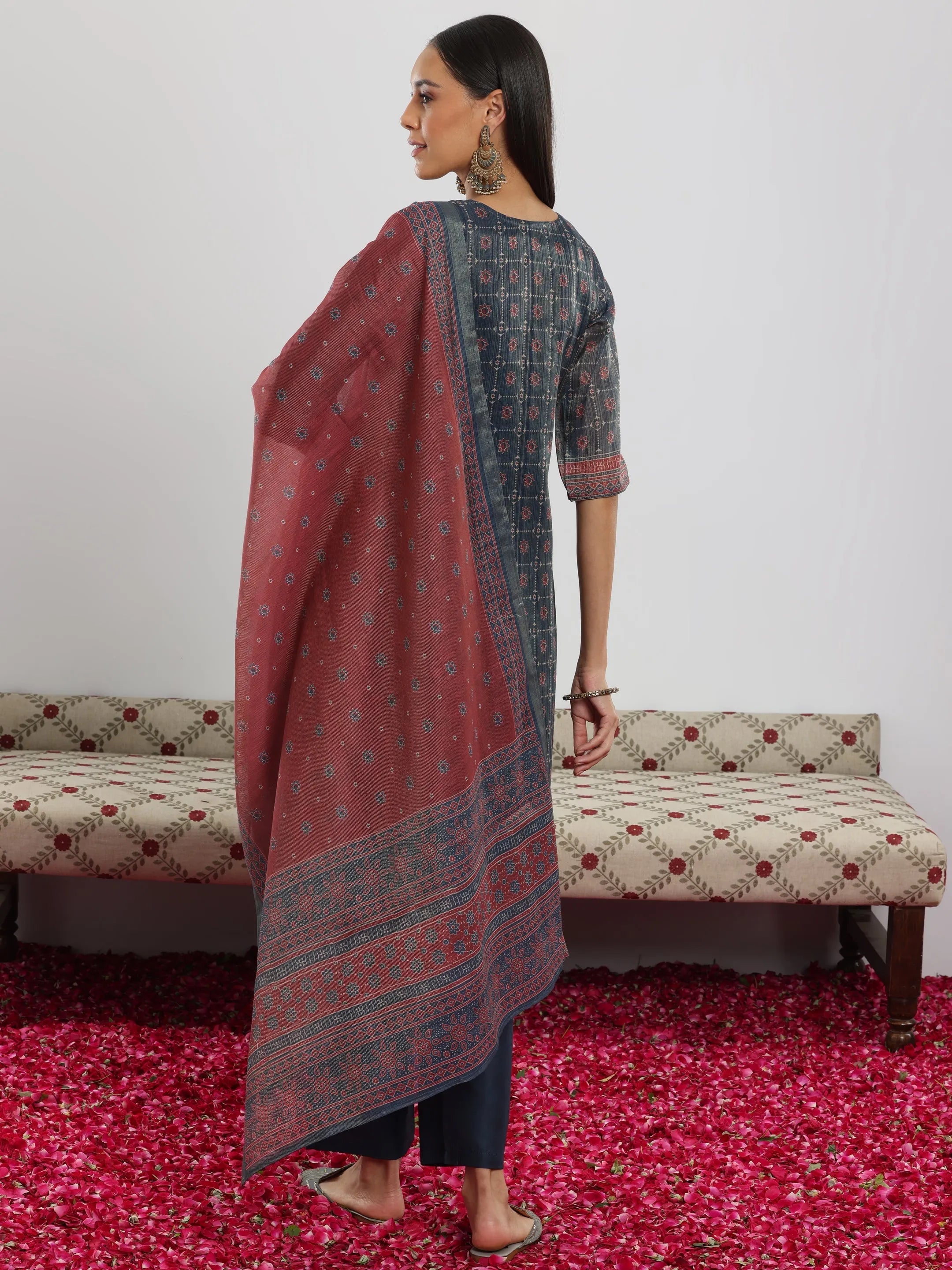 Blue Printed Silk Blend Straight Suit With Dupatta