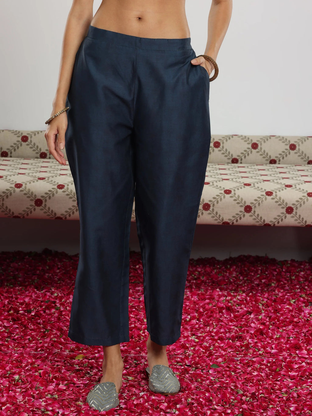 Blue Printed Silk Blend Straight Suit With Dupatta