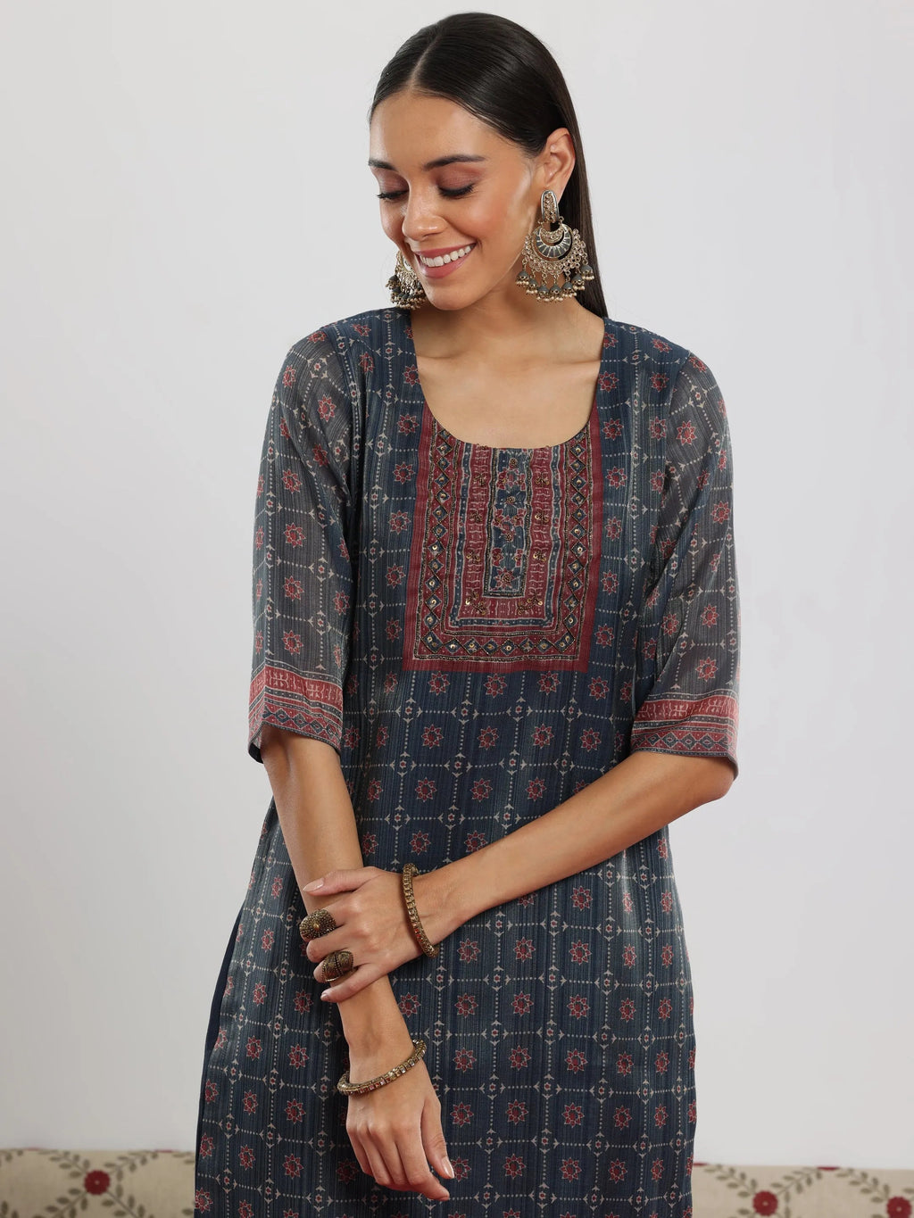 Blue Printed Silk Blend Straight Suit With Dupatta