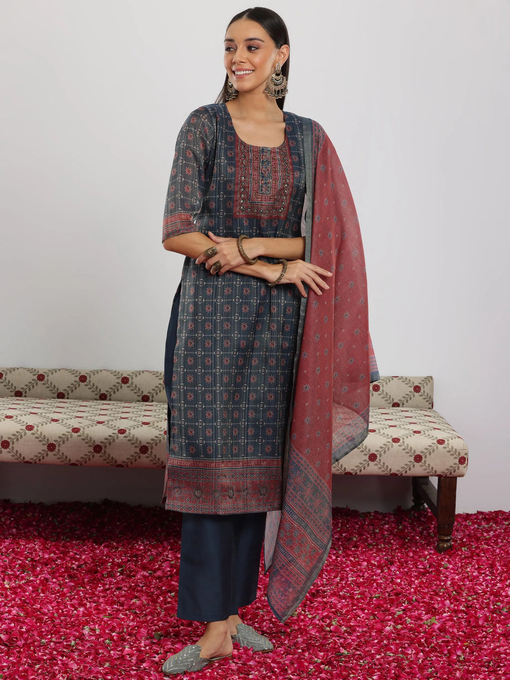 Blue Printed Silk Blend Straight Suit With Dupatta