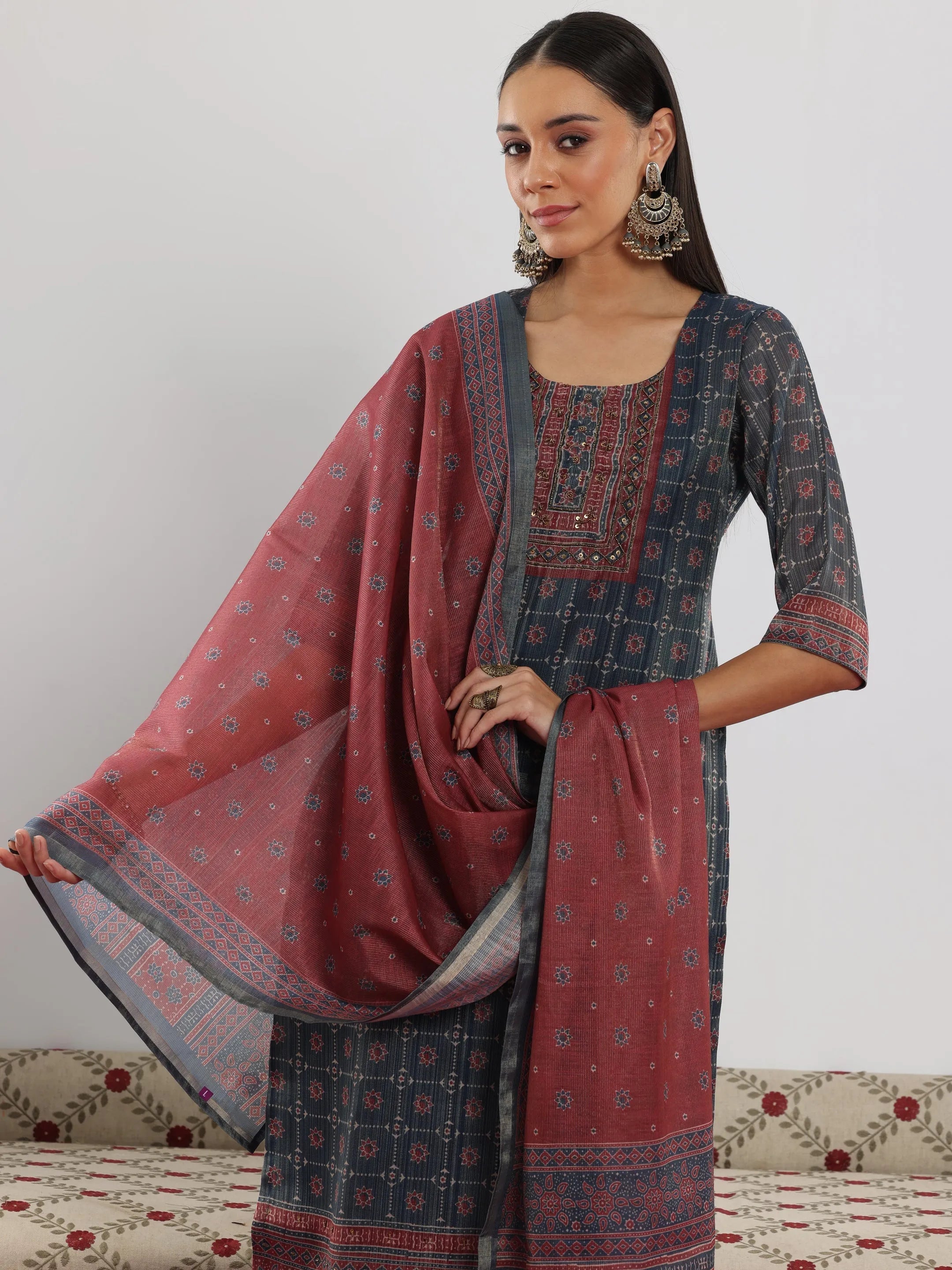 Blue Printed Silk Blend Straight Suit With Dupatta