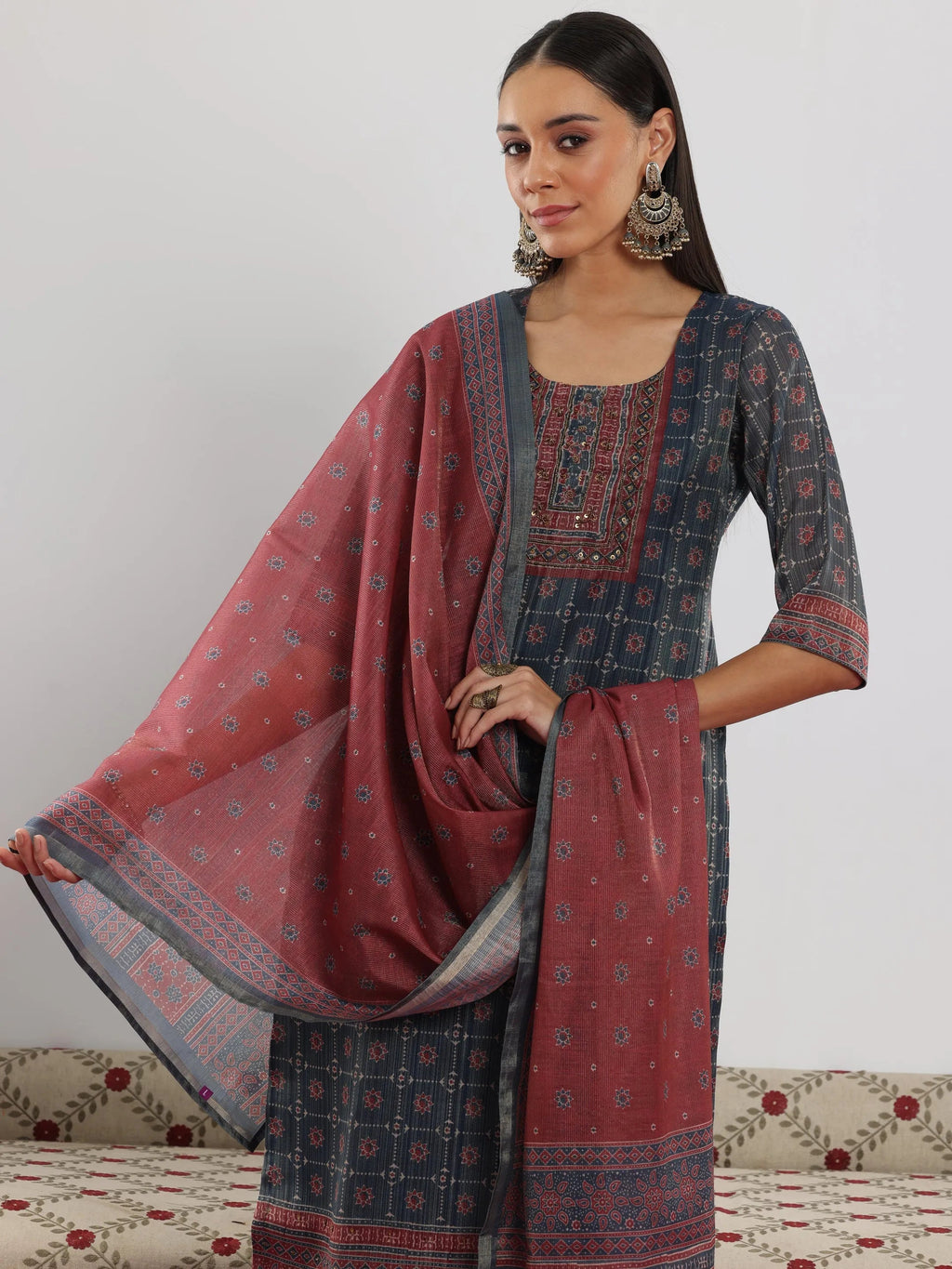 Blue Printed Silk Blend Straight Suit With Dupatta