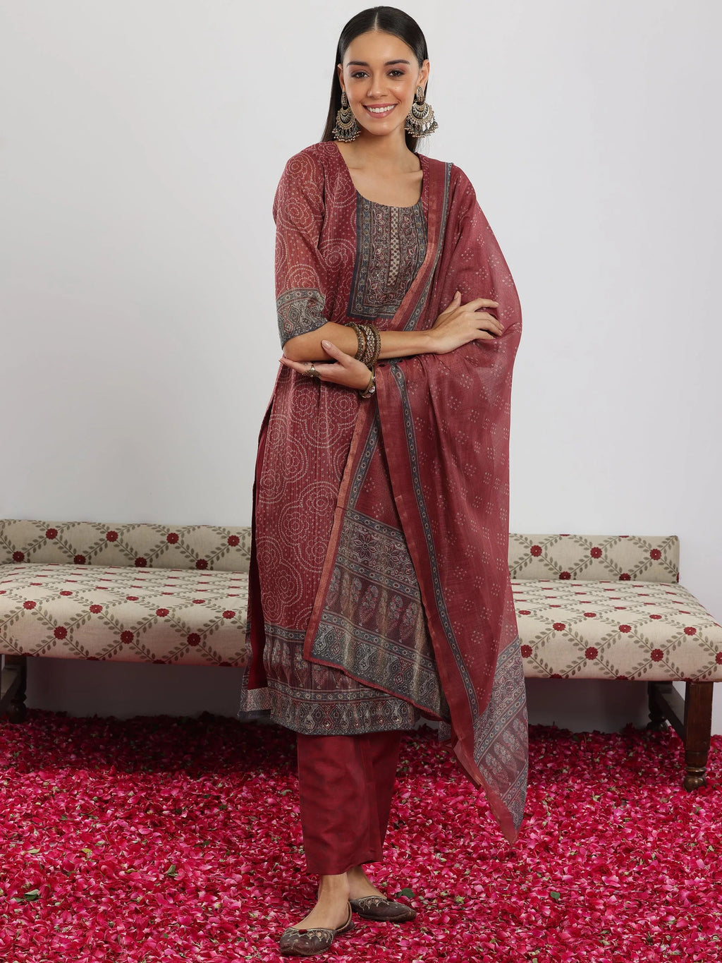 Maroon Printed Silk Blend Straight Suit With Dupatta