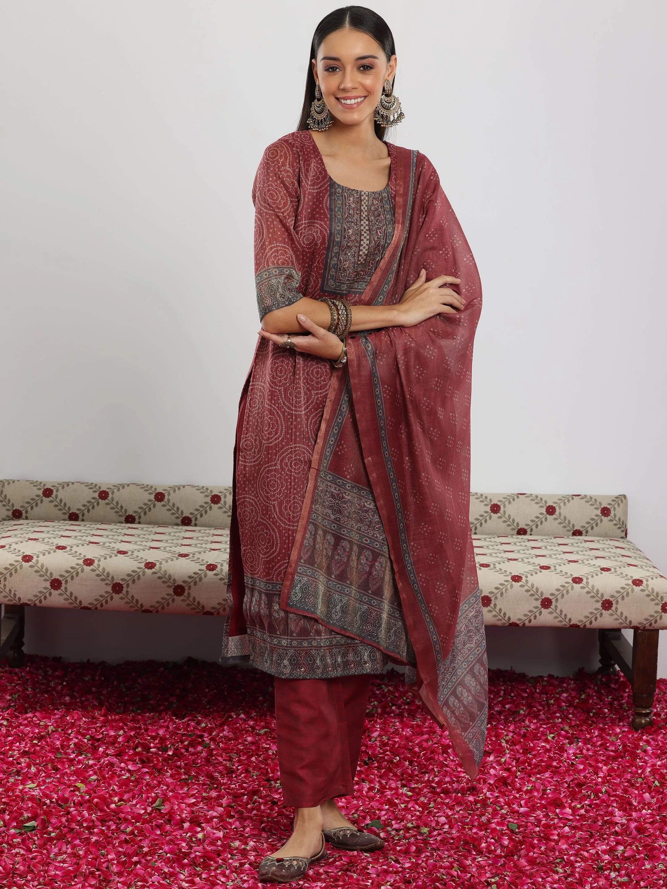 Maroon Printed Silk Blend Straight Suit With Dupatta