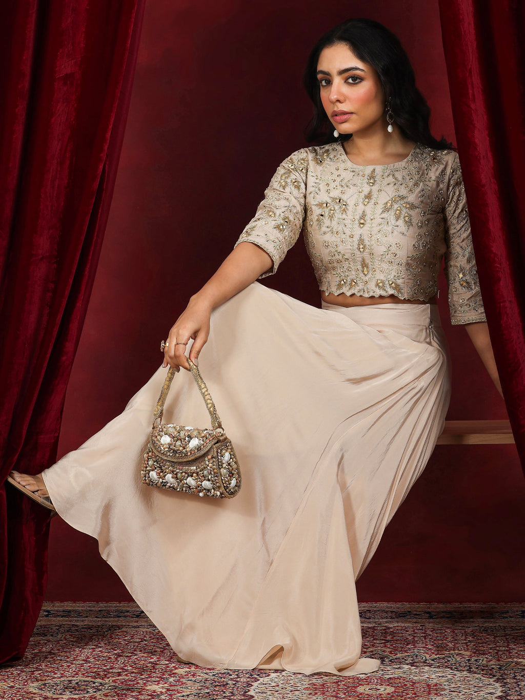 Libas Art Beige Embellished Silk Blend Co-Ords