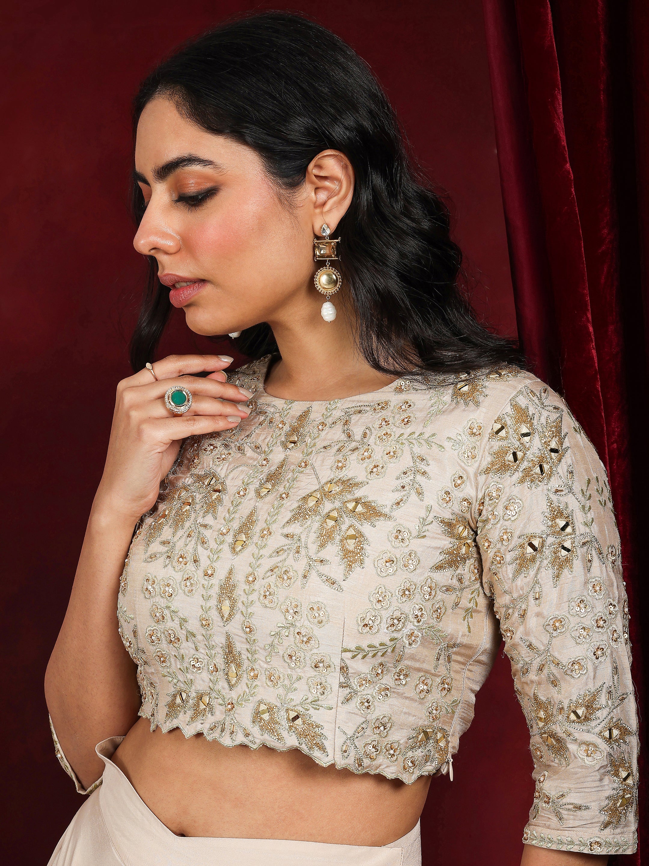 Libas Art Beige Embellished Silk Blend Co-Ords