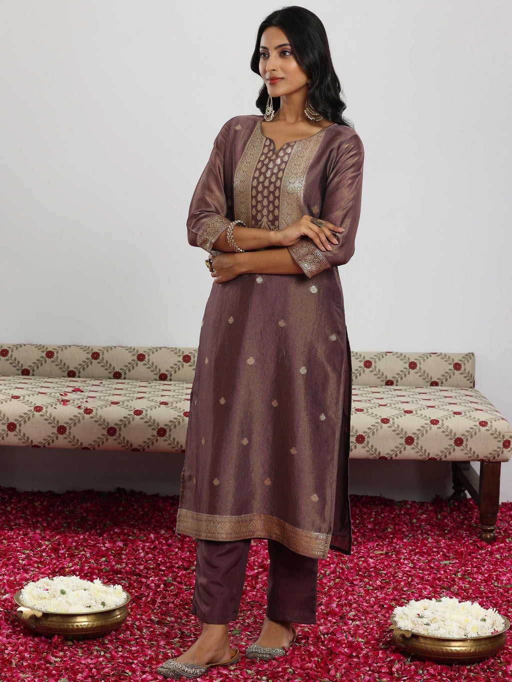 Mauve Woven Design Silk Blend Straight Suit With Dupatta