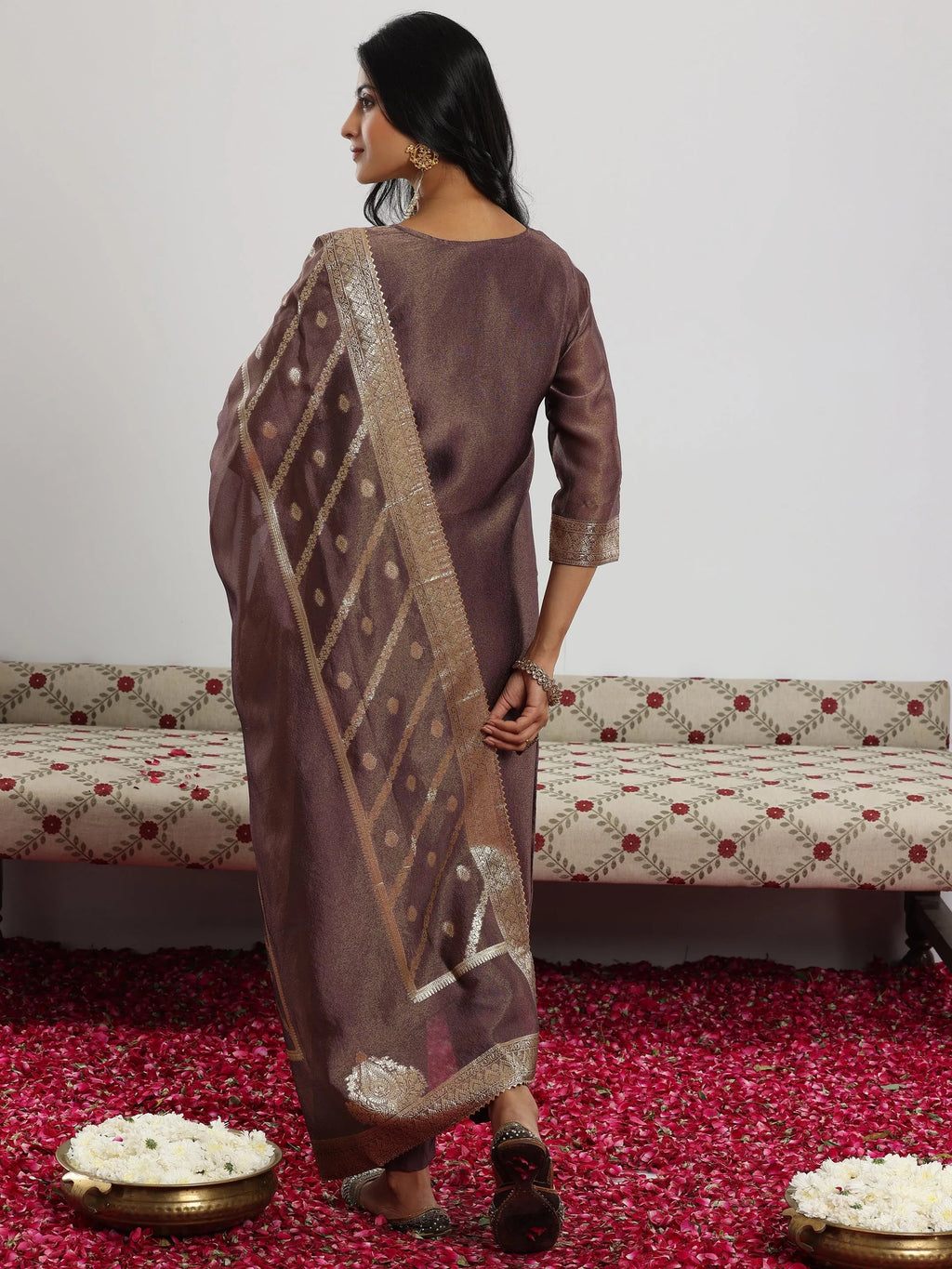 Mauve Woven Design Silk Blend Straight Suit With Dupatta