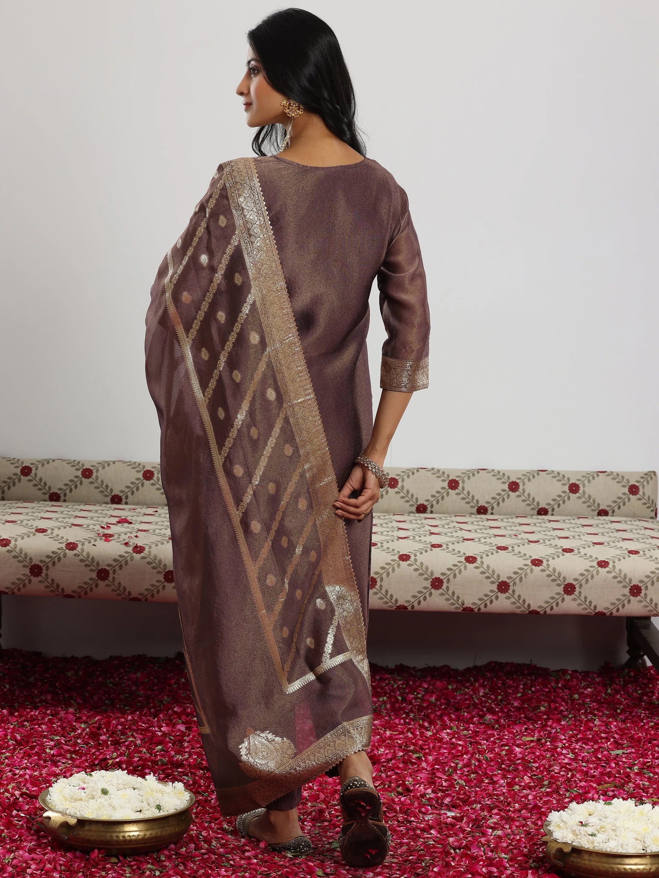Mauve Woven Design Silk Blend Straight Suit With Dupatta