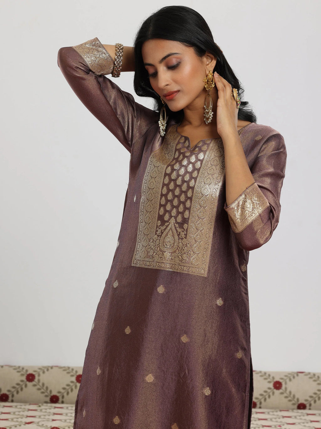 Mauve Woven Design Silk Blend Straight Suit With Dupatta