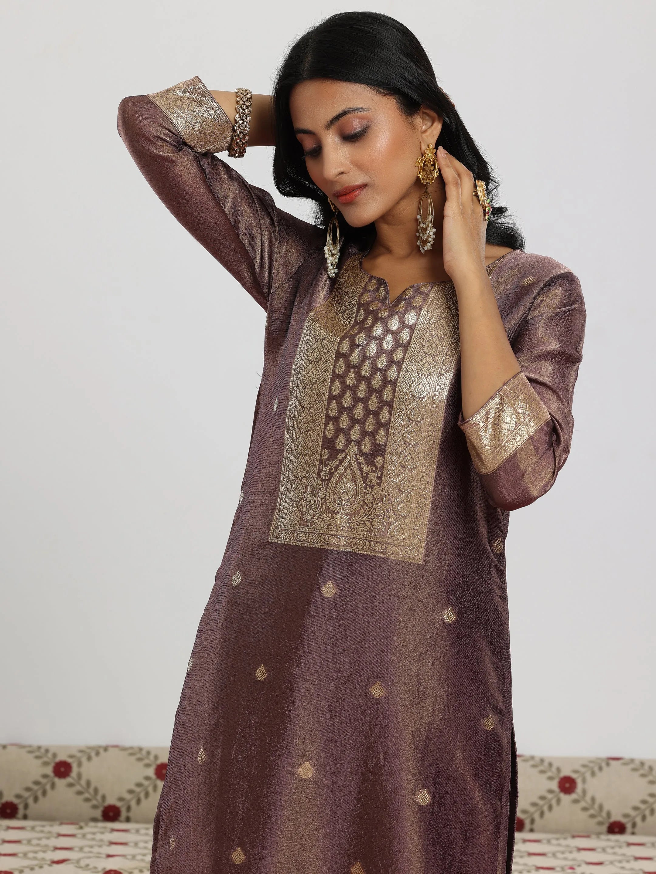 Mauve Woven Design Silk Blend Straight Suit With Dupatta