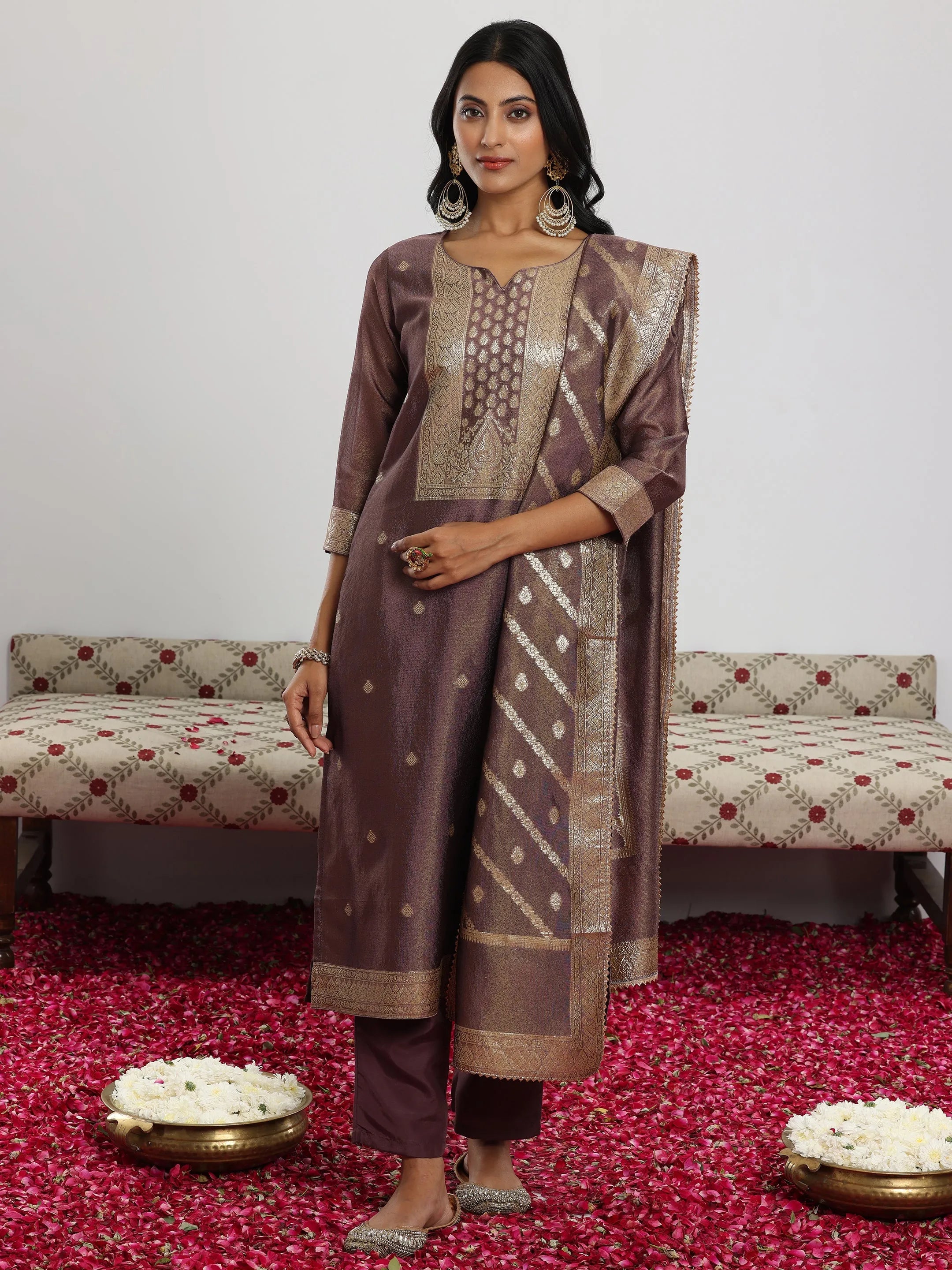 Mauve Woven Design Silk Blend Straight Suit With Dupatta