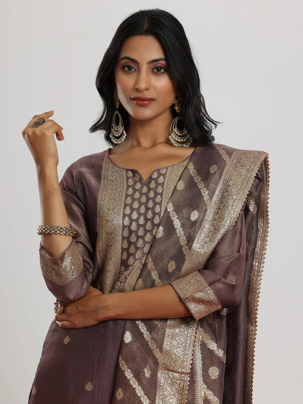 Mauve Woven Design Silk Blend Straight Suit With Dupatta
