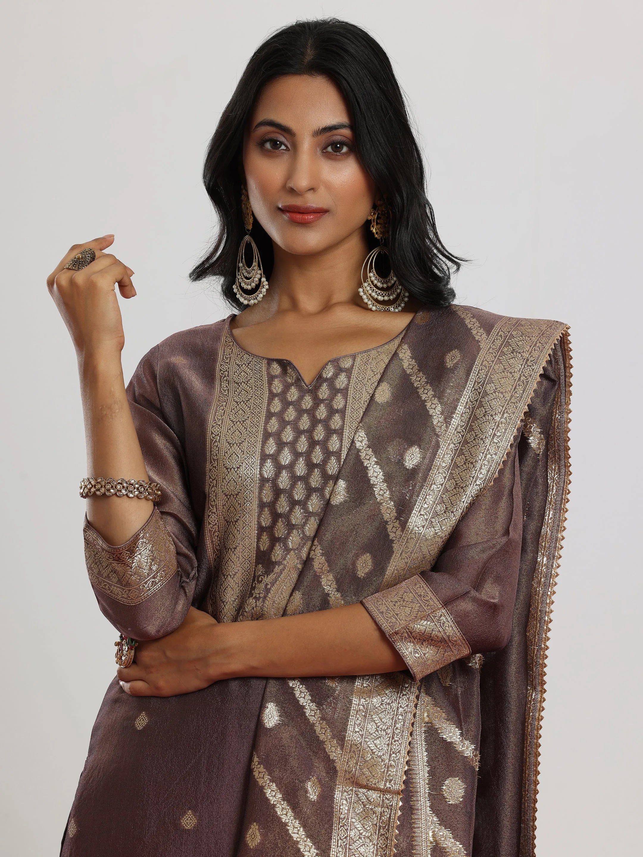 Mauve Woven Design Silk Blend Straight Suit With Dupatta