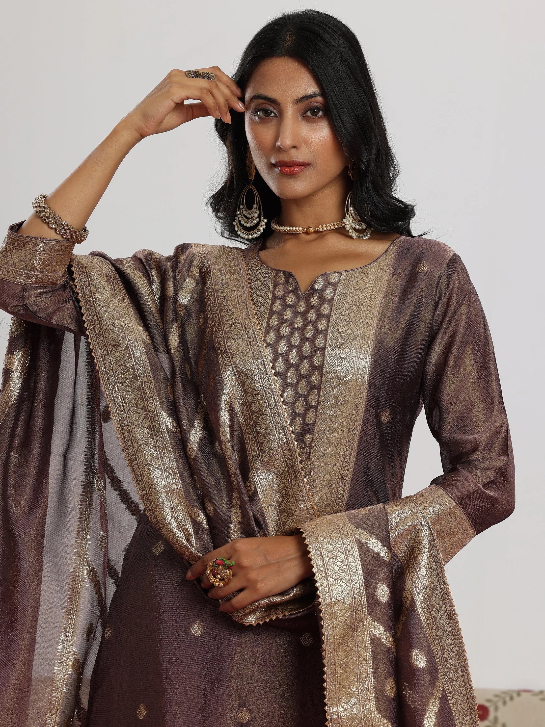 Mauve Woven Design Silk Blend Straight Suit With Dupatta