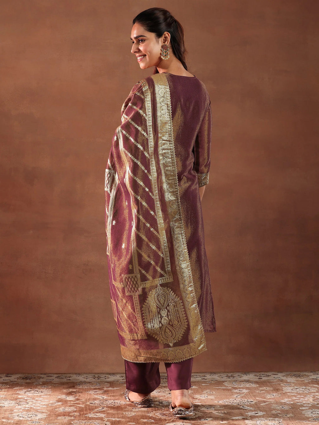Maroon Woven Design Silk Blend Straight Suit With Dupatta