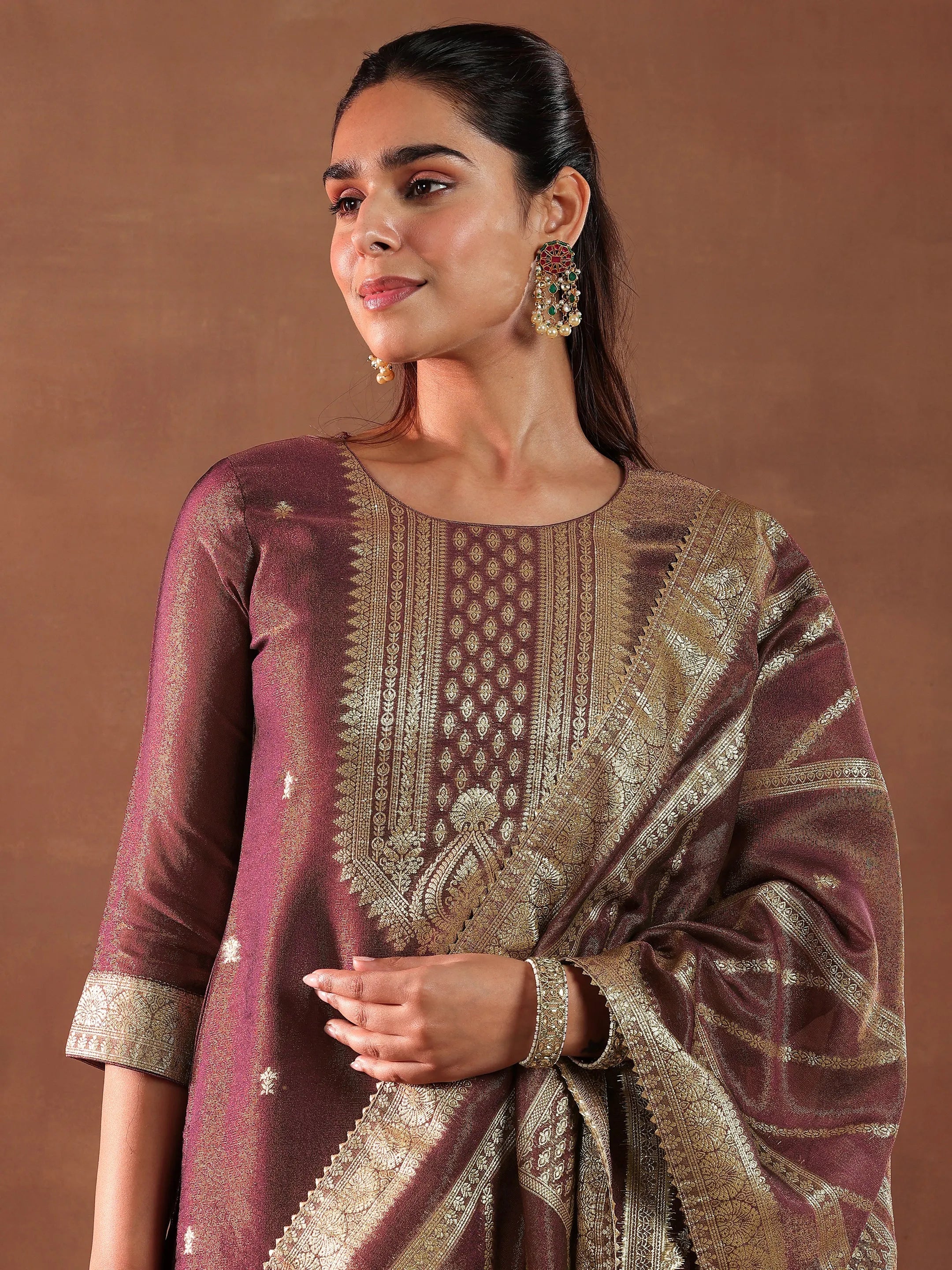 Maroon Woven Design Silk Blend Straight Suit With Dupatta