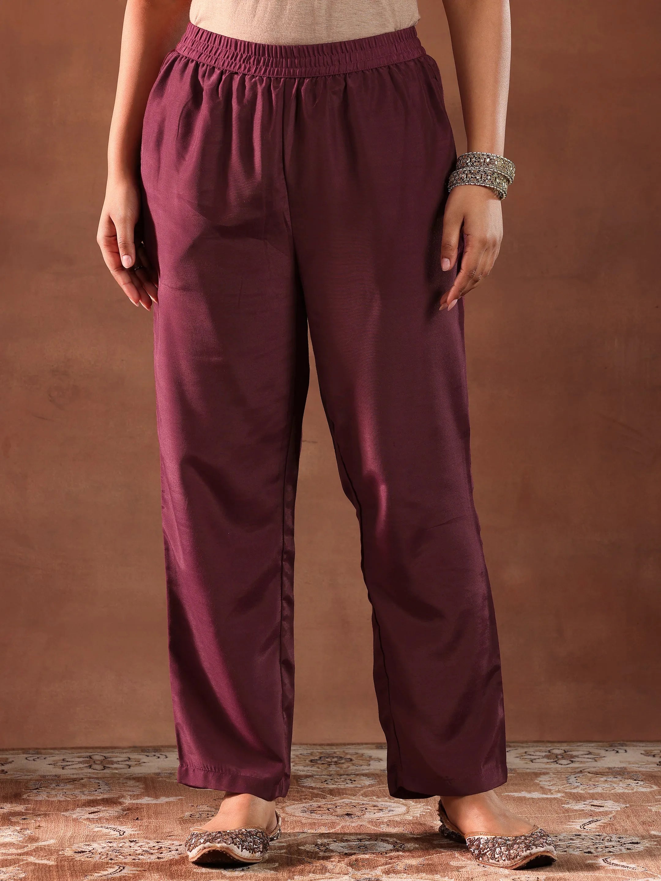 Maroon Woven Design Silk Blend Straight Suit With Dupatta