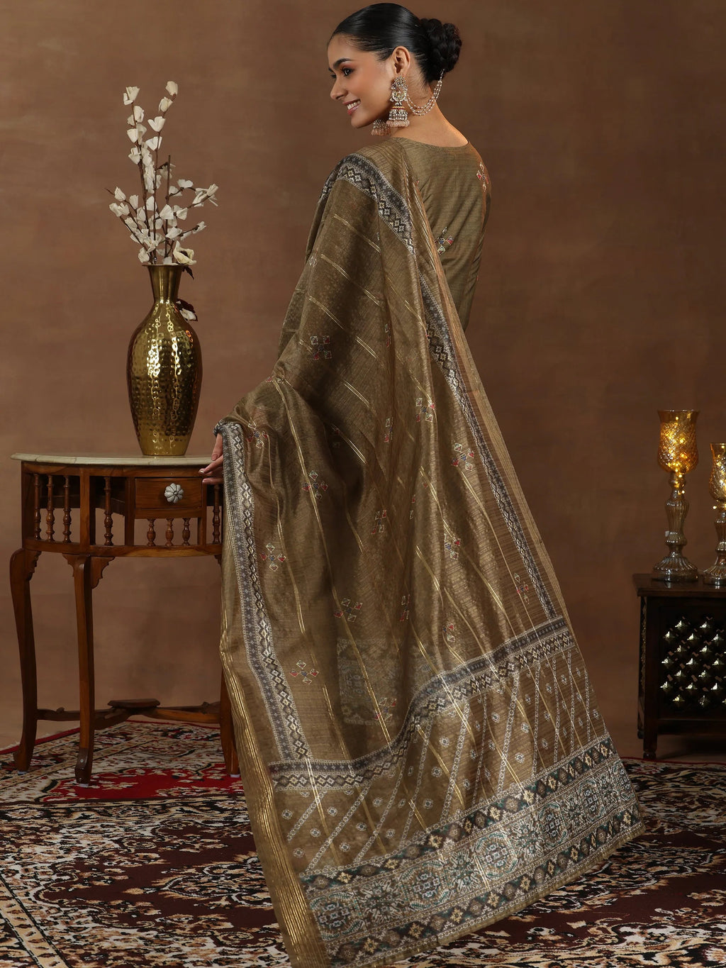 Brown Printed Silk Blend Straight Suit With Dupatta