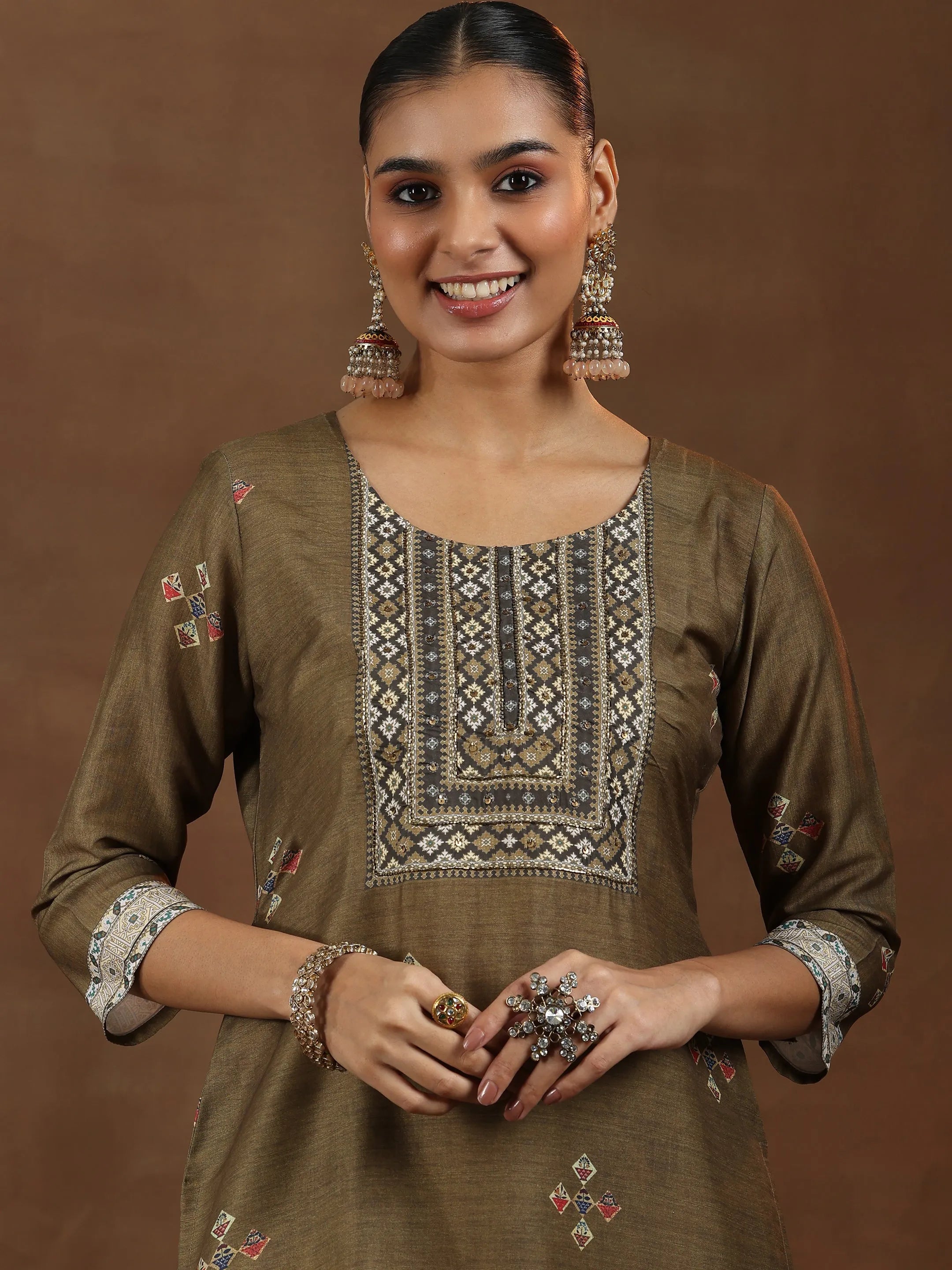 Brown Printed Silk Blend Straight Suit With Dupatta