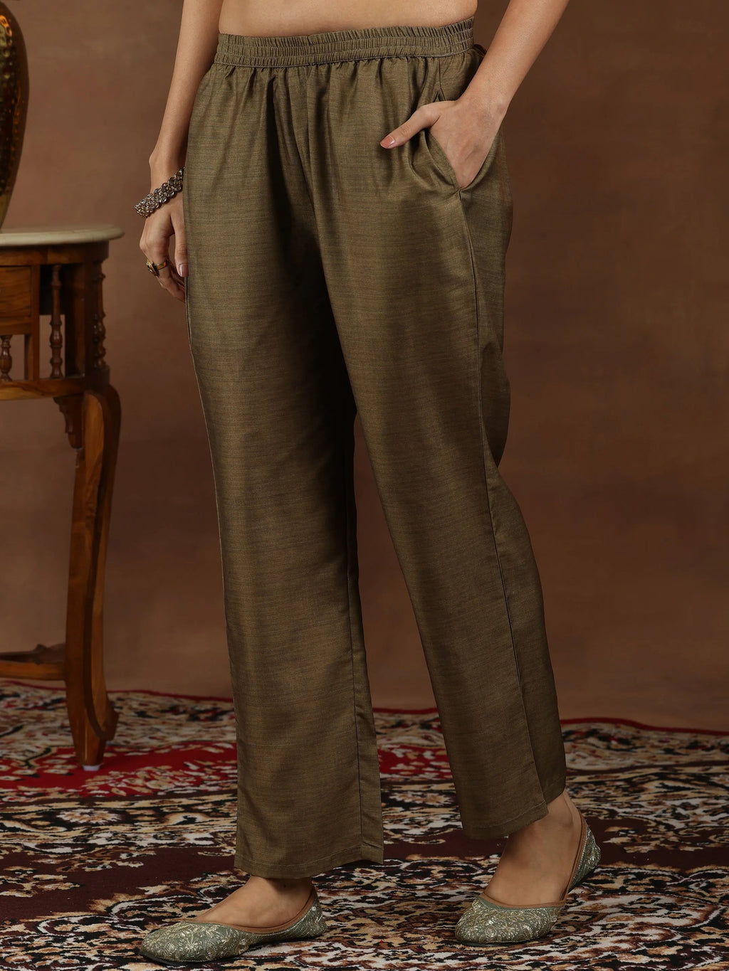 Brown Printed Silk Blend Straight Suit With Dupatta