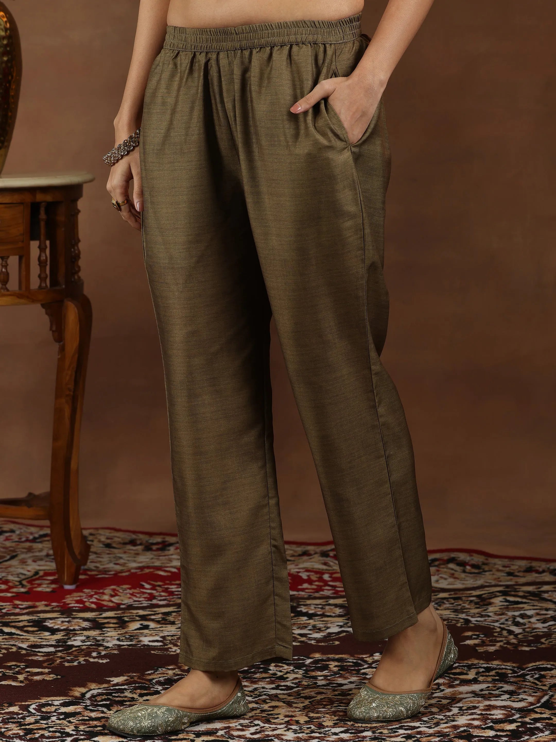 Brown Printed Silk Blend Straight Suit With Dupatta