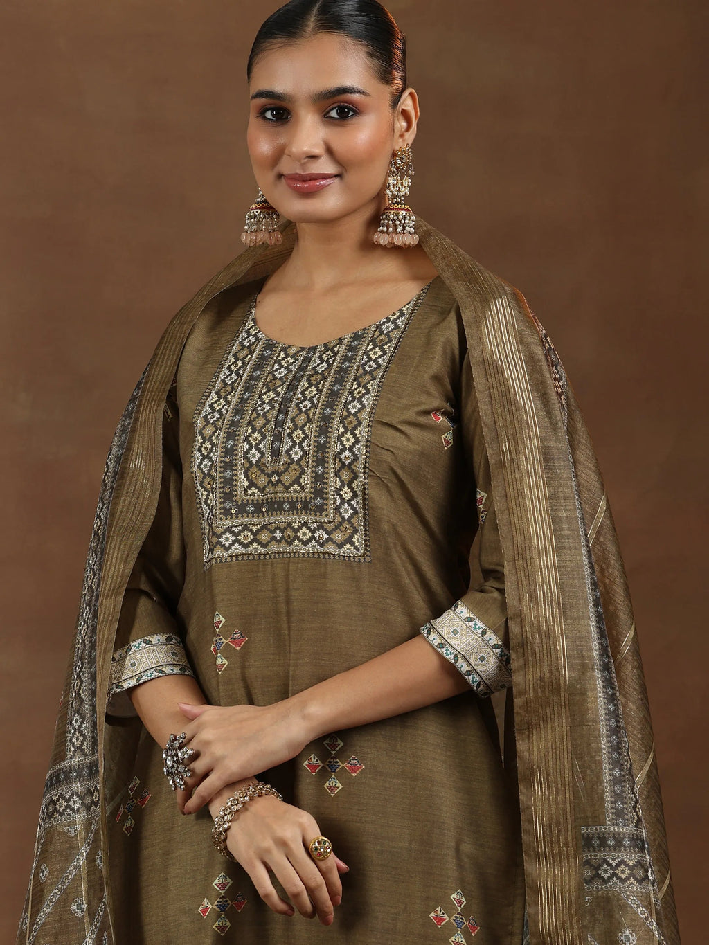 Brown Printed Silk Blend Straight Suit With Dupatta