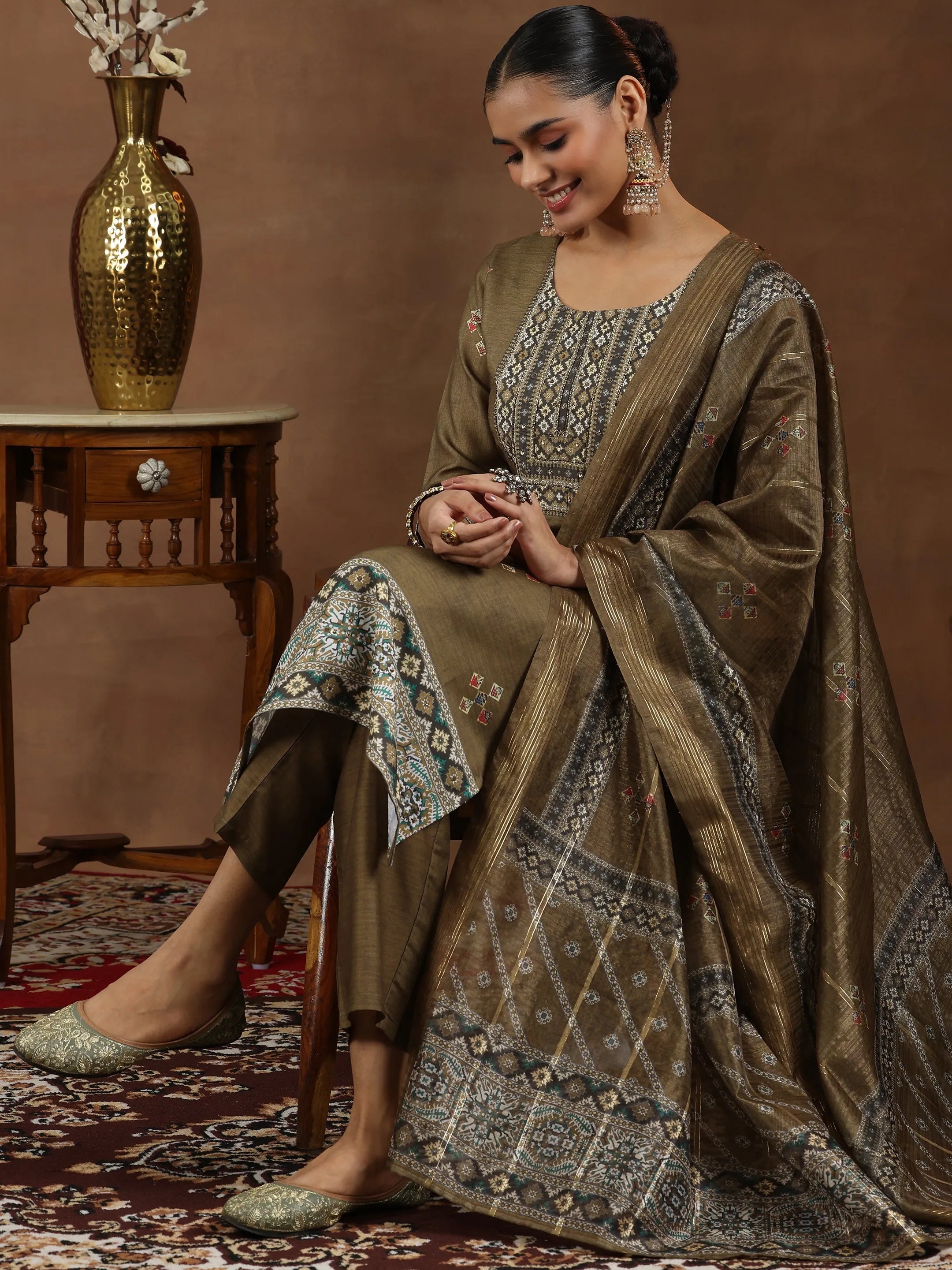 Brown Printed Silk Blend Straight Suit With Dupatta
