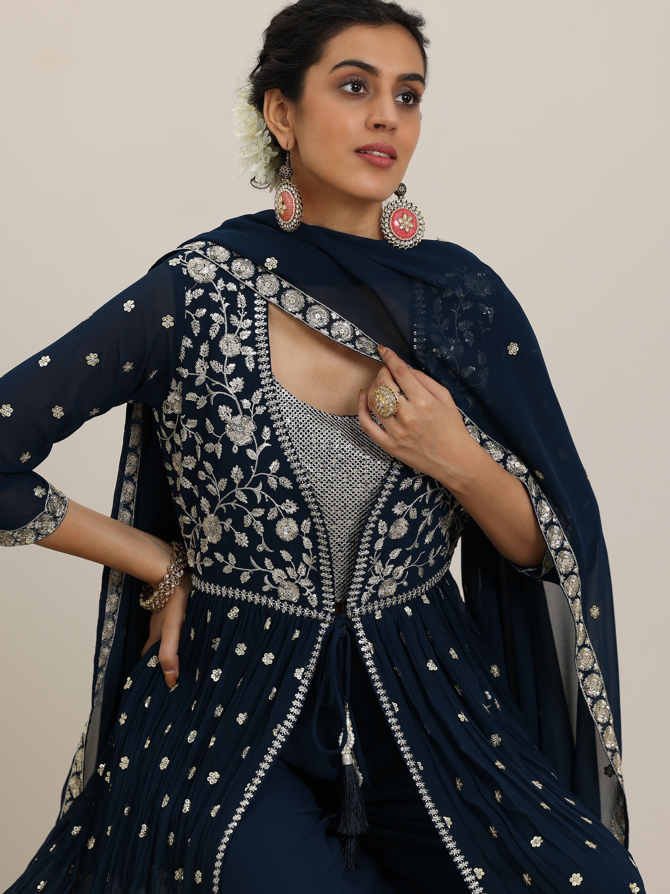 Blue Embellished Georgette Co-Ords With Shrug