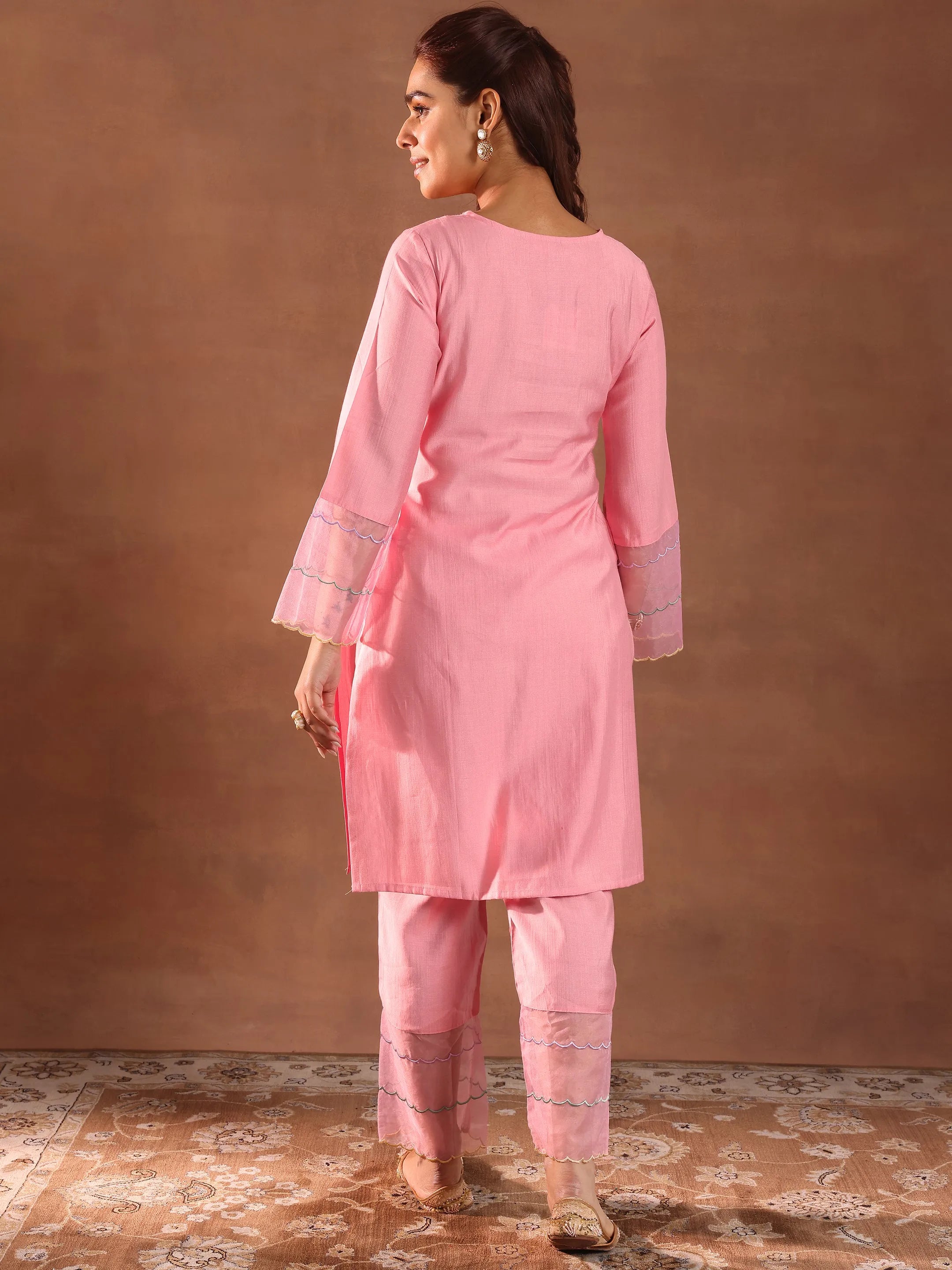 Pink Yoke Design Silk Blend Straight Kurta Set