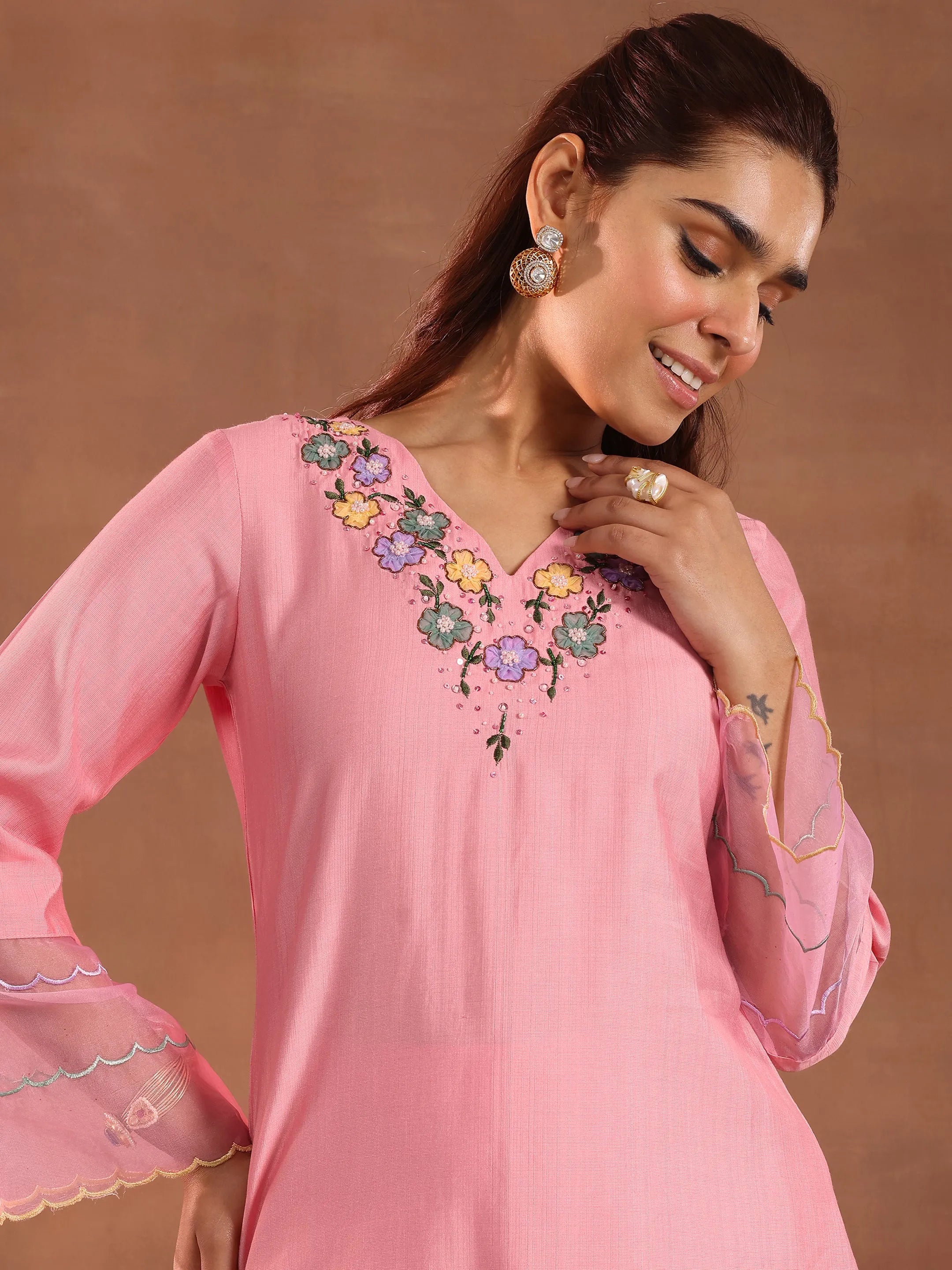 Pink Yoke Design Silk Blend Straight Kurta Set