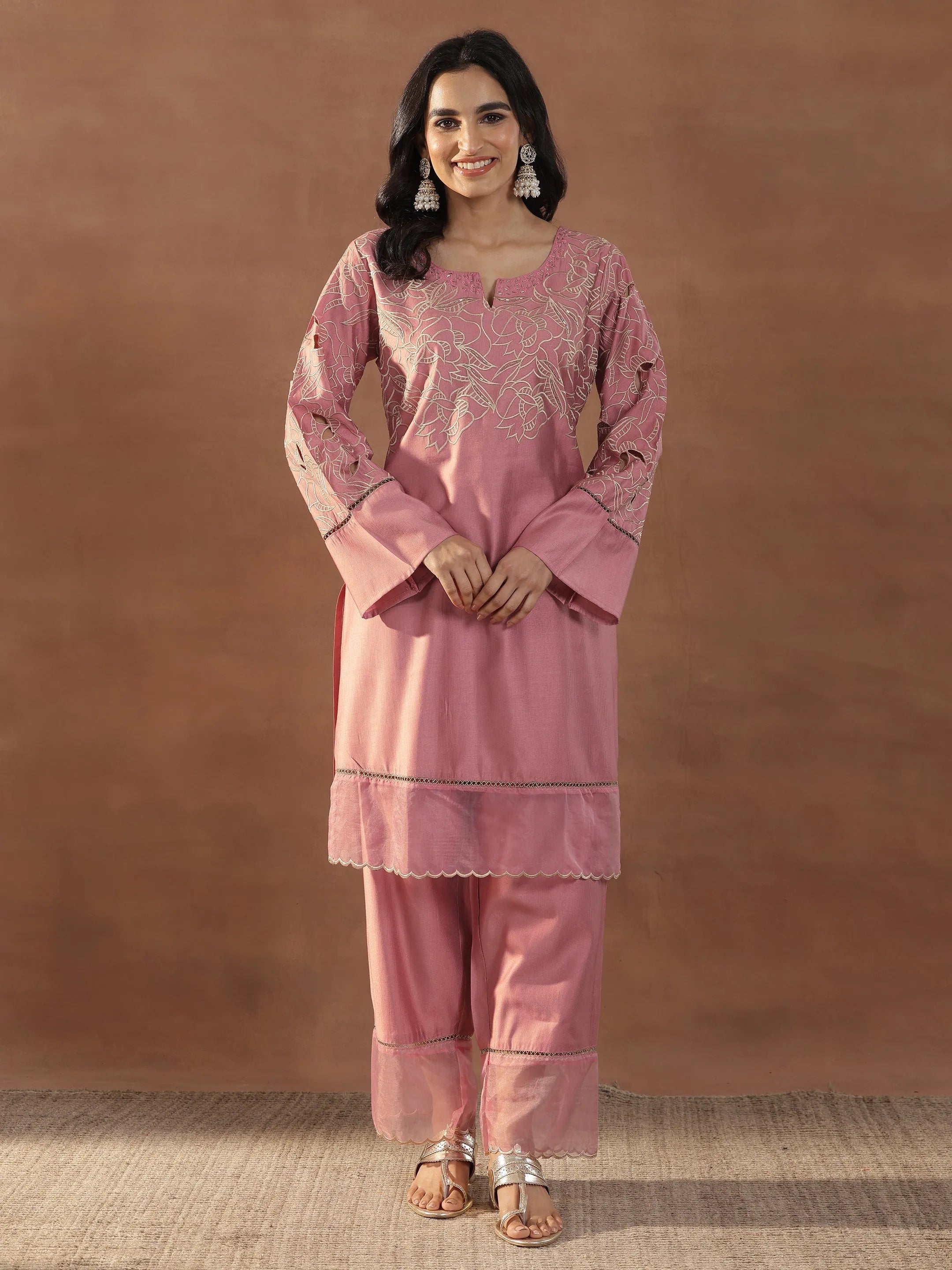 Peach Embroidered Silk Blend Straight Kurta Set