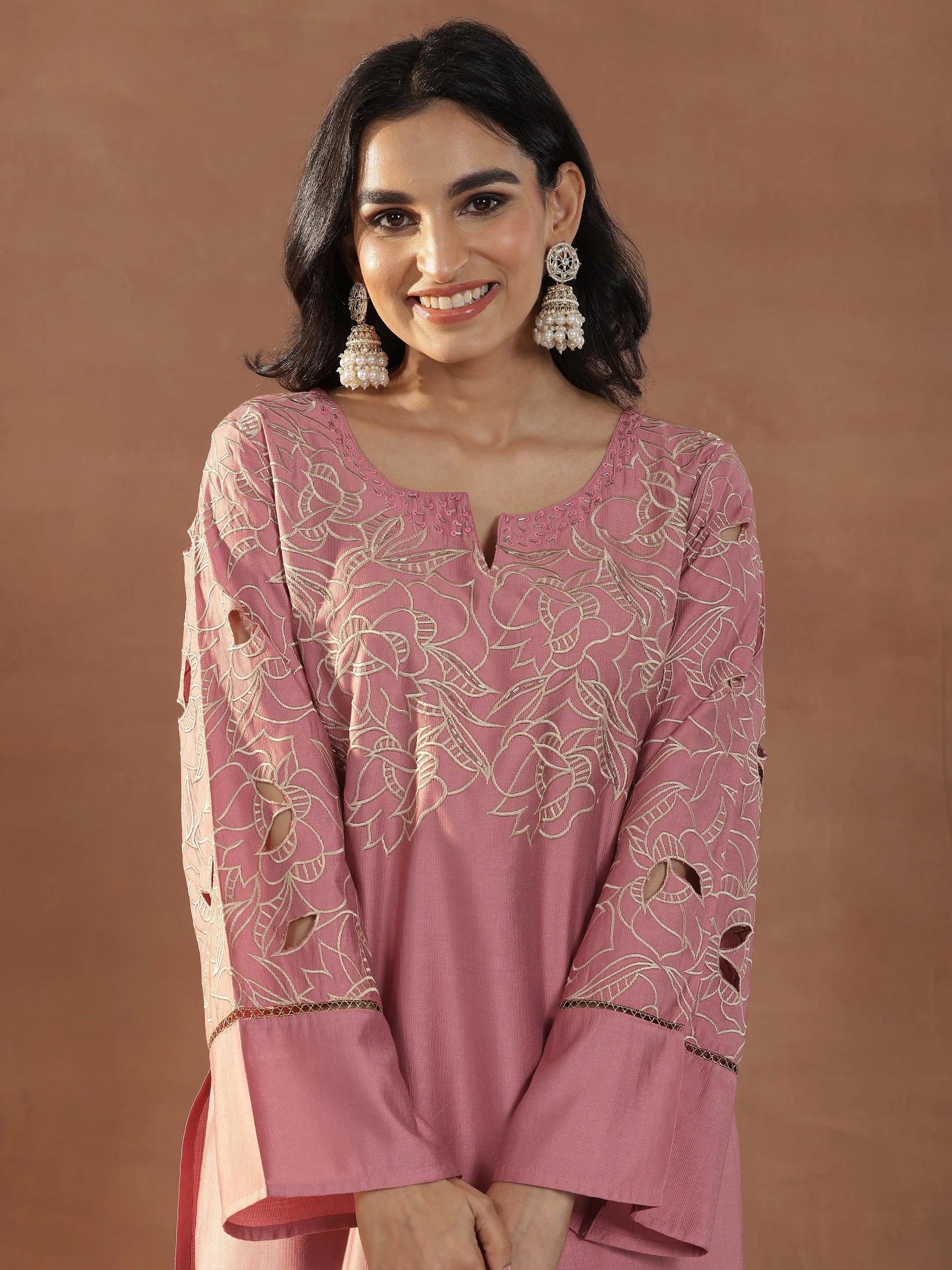 Peach Embroidered Silk Blend Straight Kurta Set