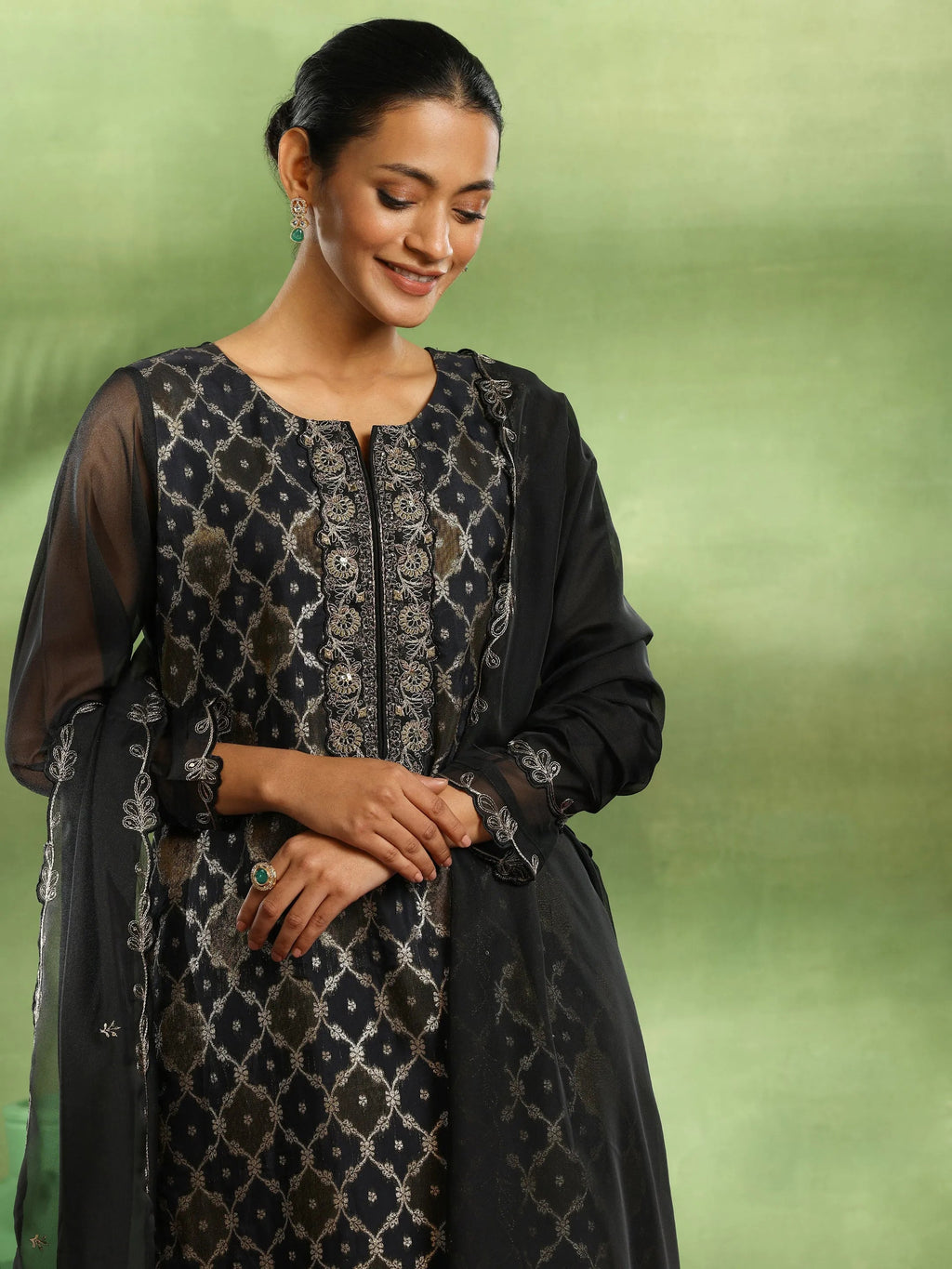 Black Woven Design Organza Straight Suit With Dupatta