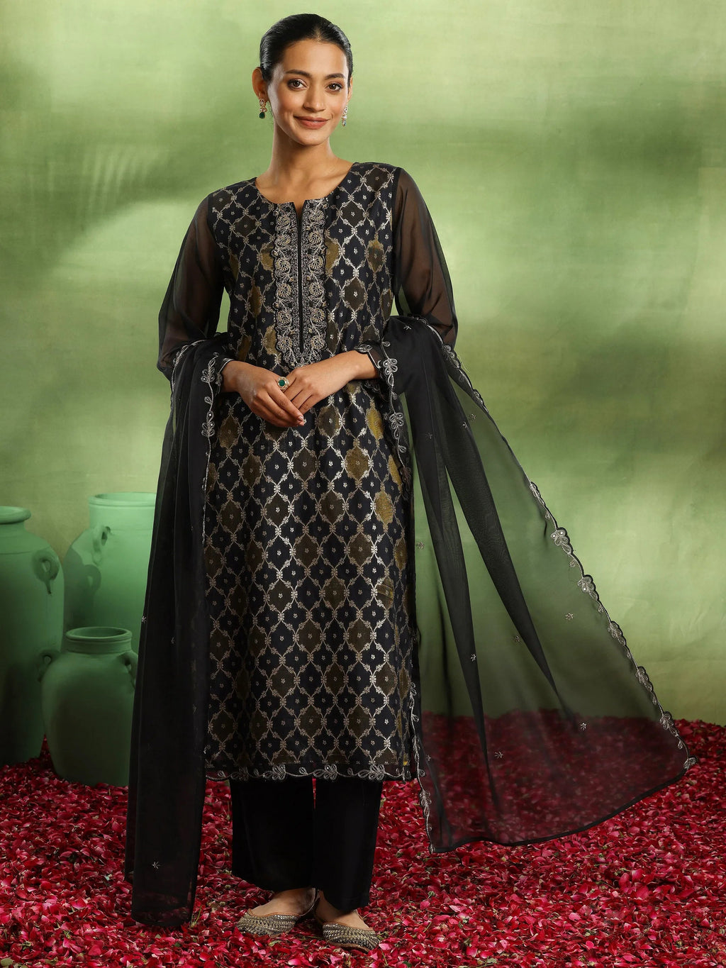Black Woven Design Organza Straight Suit With Dupatta