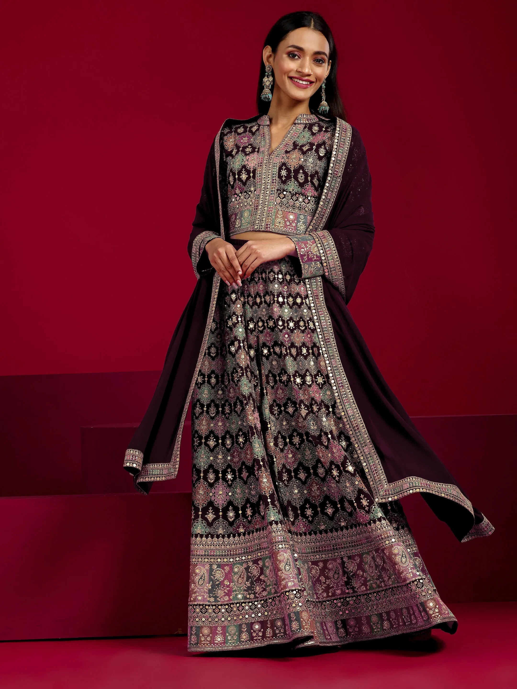 Libas Art Wine Embroidered Georgette 3 Piece Co-Ord Sets With Dupatta