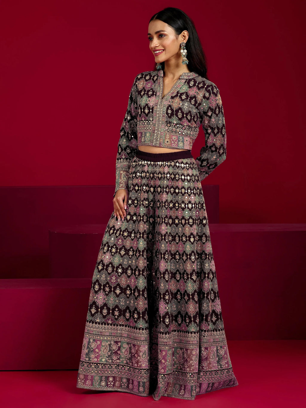 Libas Art Wine Embroidered Georgette 3 Piece Co-Ord Sets With Dupatta