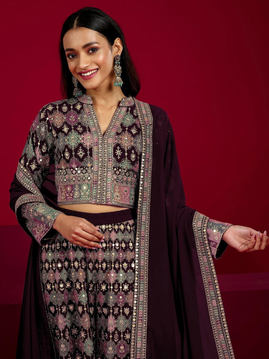 Libas Art Wine Embroidered Georgette 3 Piece Co-Ord Sets With Dupatta