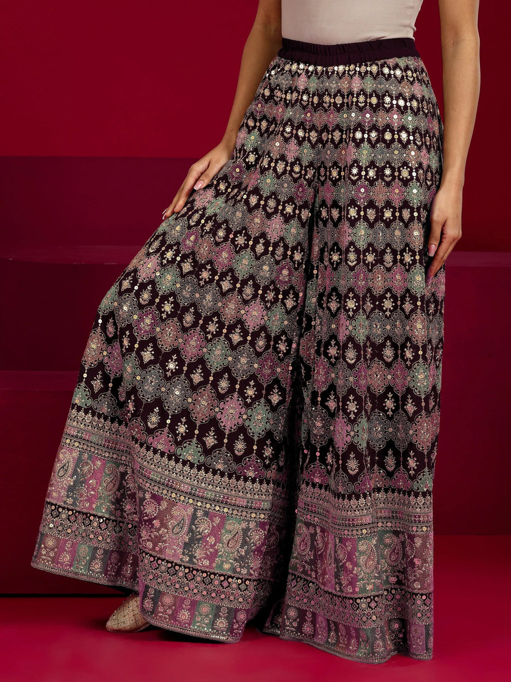 Libas Art Wine Embroidered Georgette 3 Piece Co-Ord Sets With Dupatta