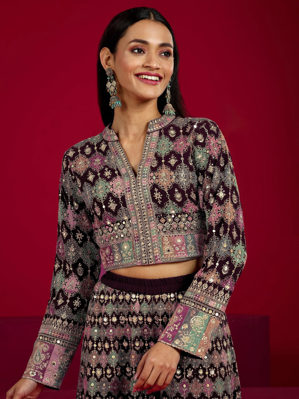 Libas Art Wine Embroidered Georgette 3 Piece Co-Ord Sets With Dupatta