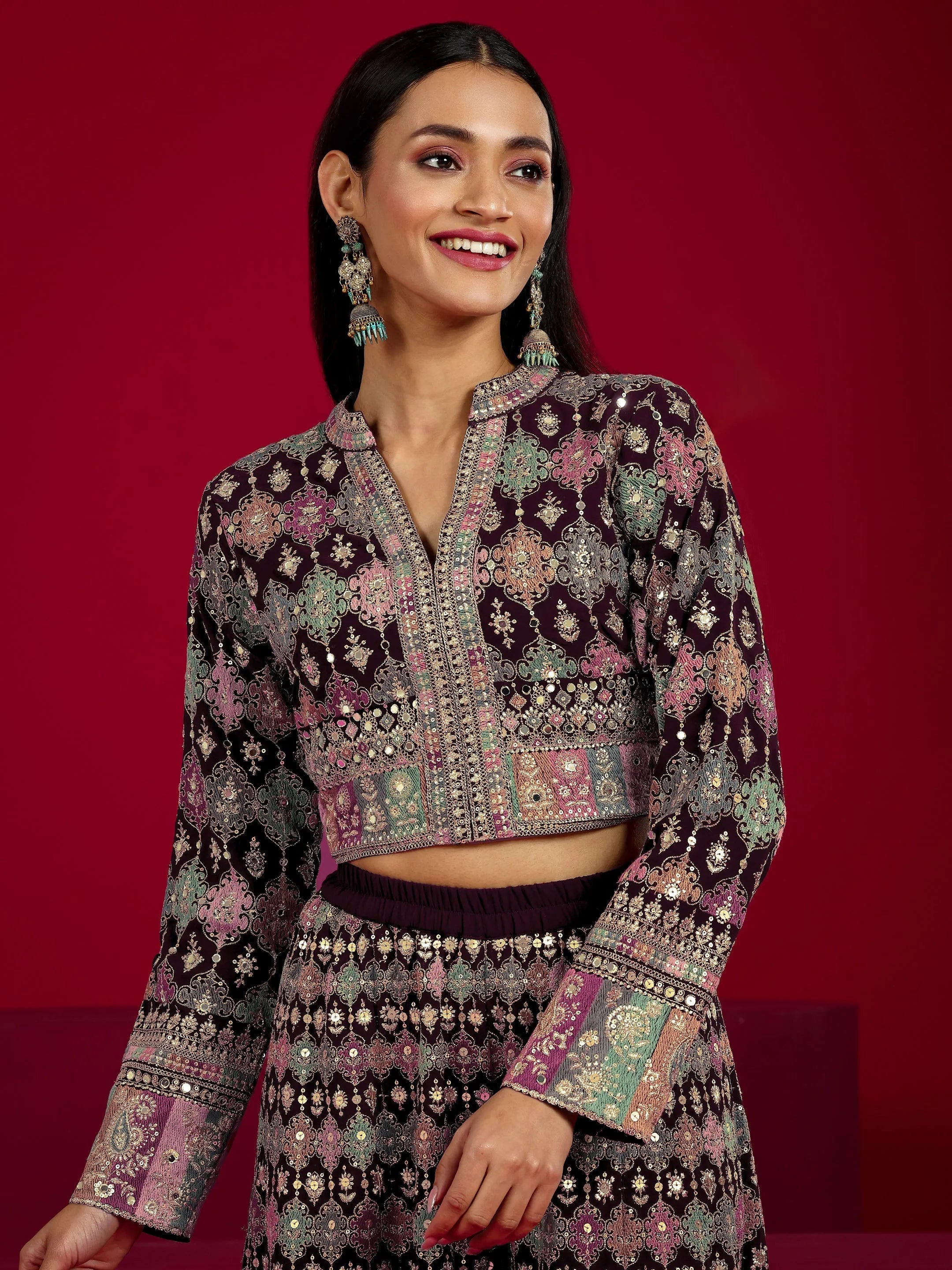 Libas Art Wine Embroidered Georgette 3 Piece Co-Ord Sets With Dupatta