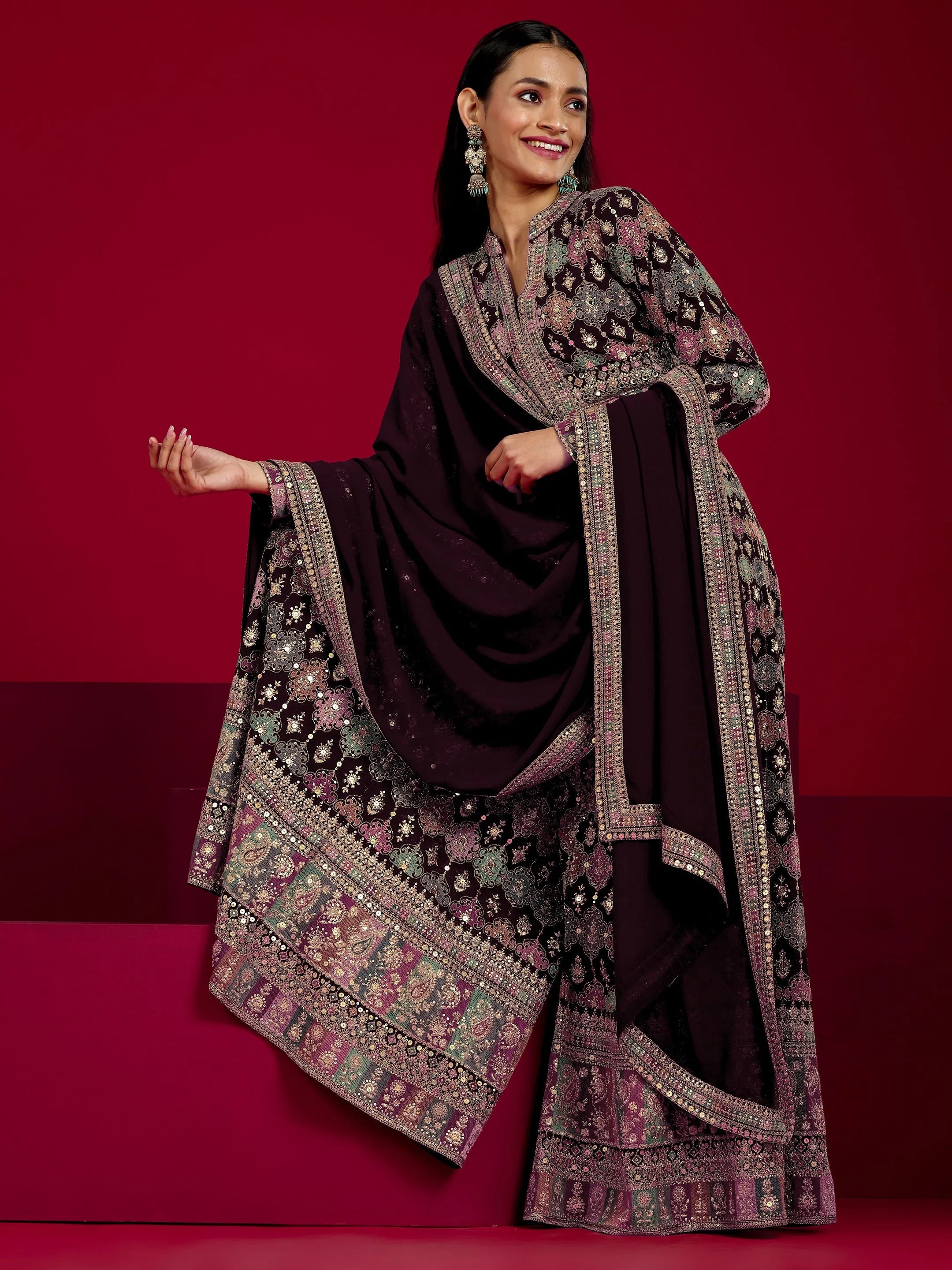 Libas Art Wine Embroidered Georgette 3 Piece Co-Ord Sets With Dupatta