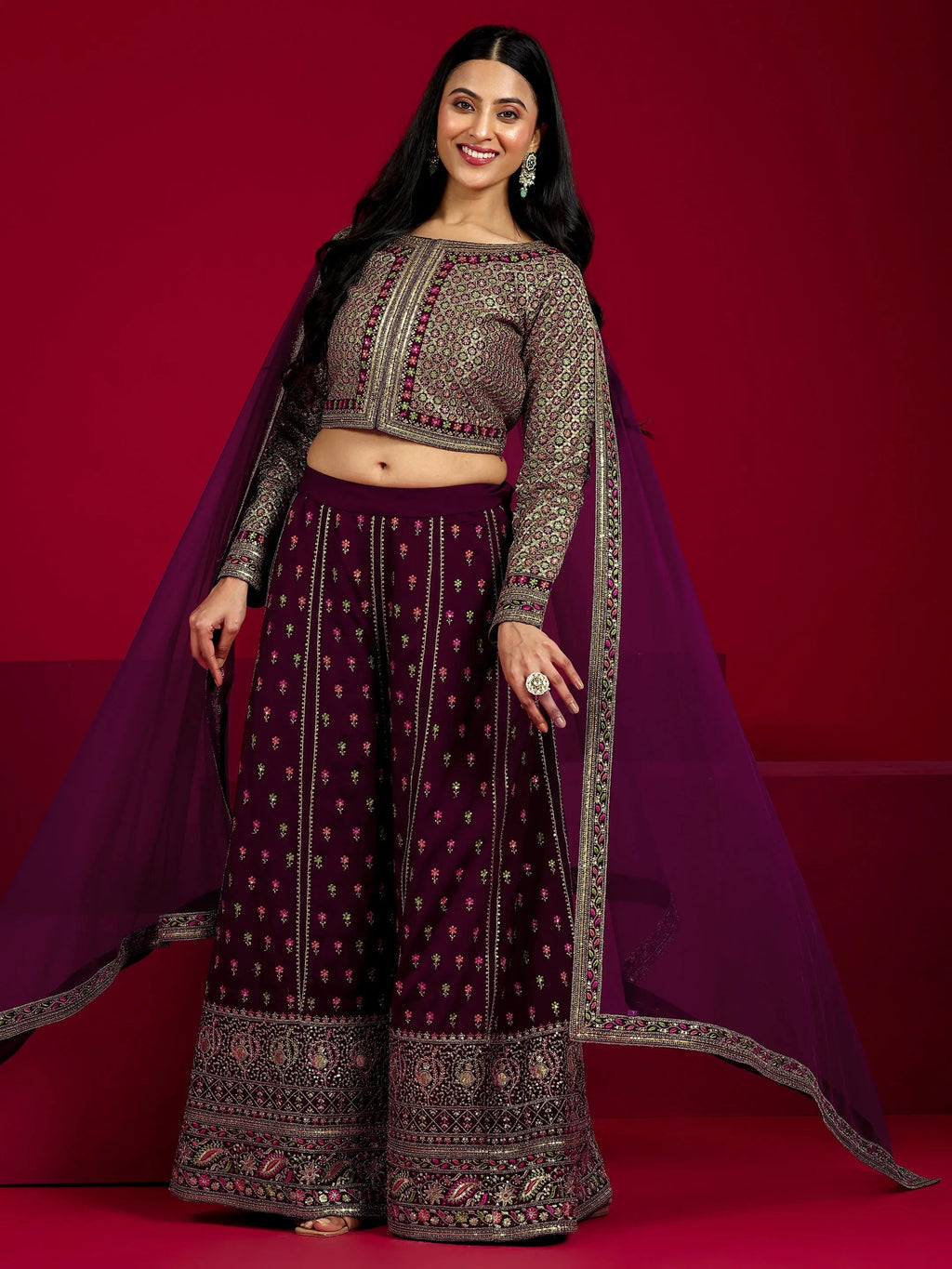 Libas Art Wine Embroidered Silk Blend 3 Piece Co-Ord Sets With Dupatta