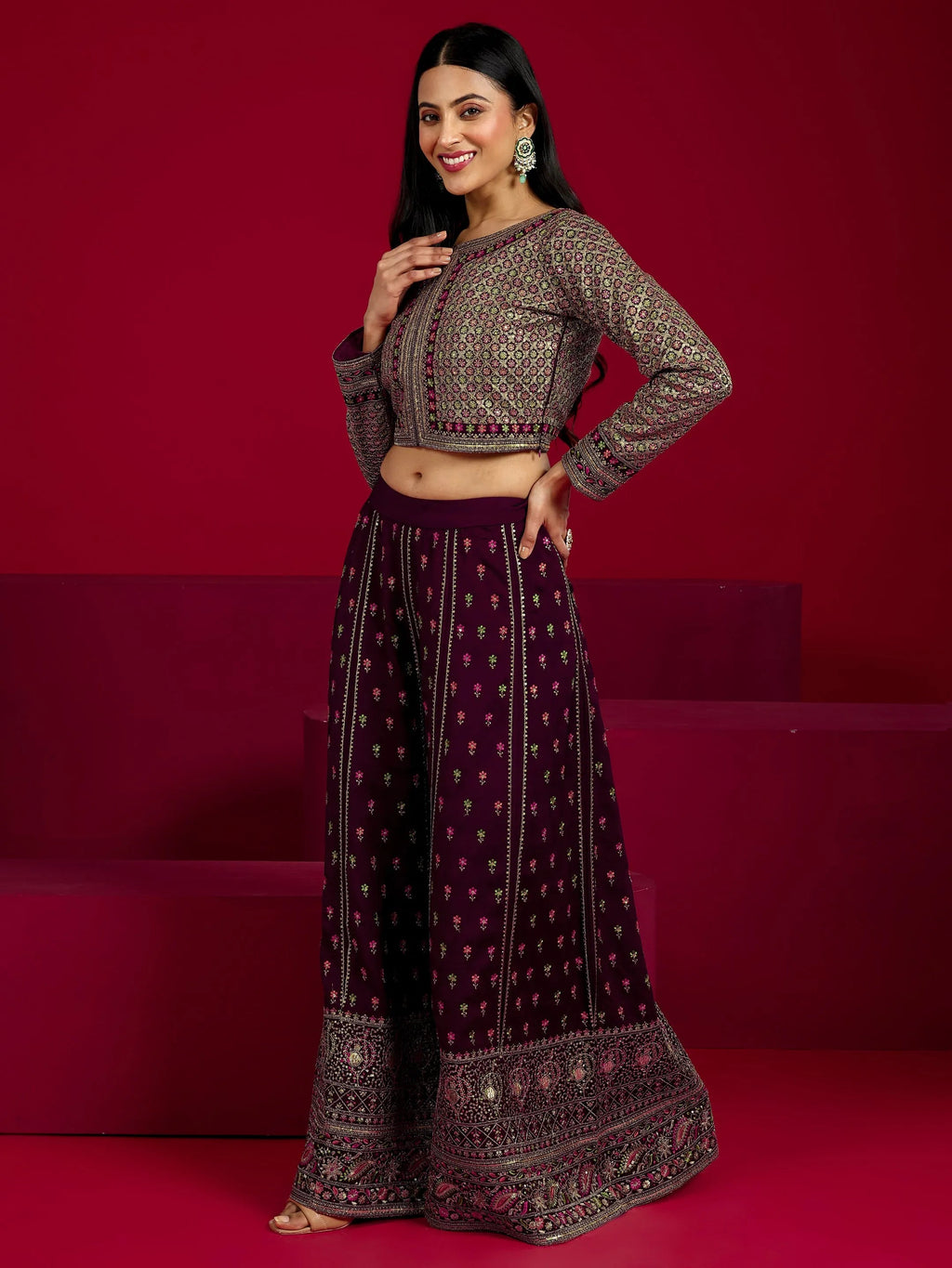 Libas Art Wine Embroidered Silk Blend 3 Piece Co-Ord Sets With Dupatta