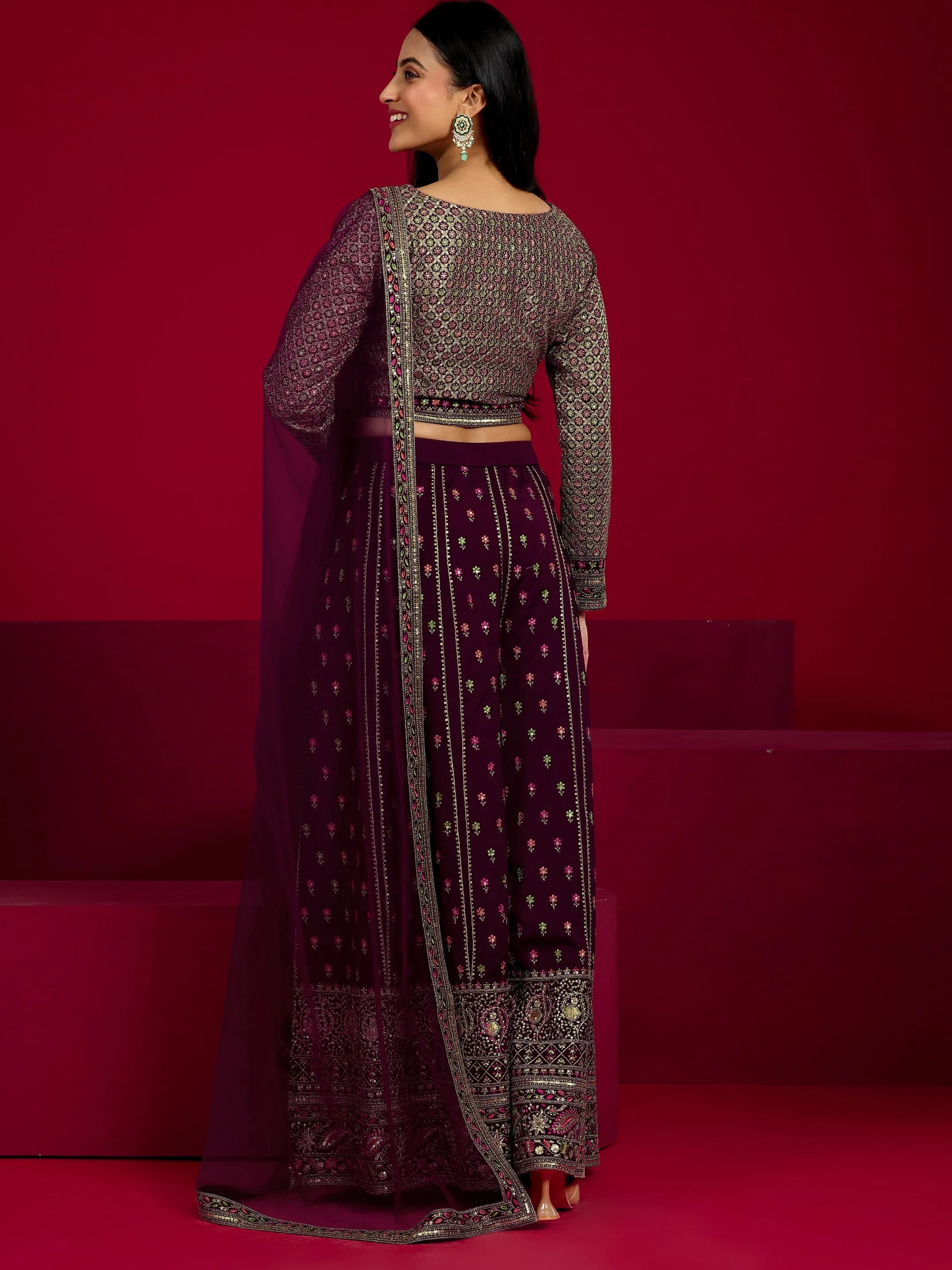 Libas Art Wine Embroidered Silk Blend 3 Piece Co-Ord Sets With Dupatta