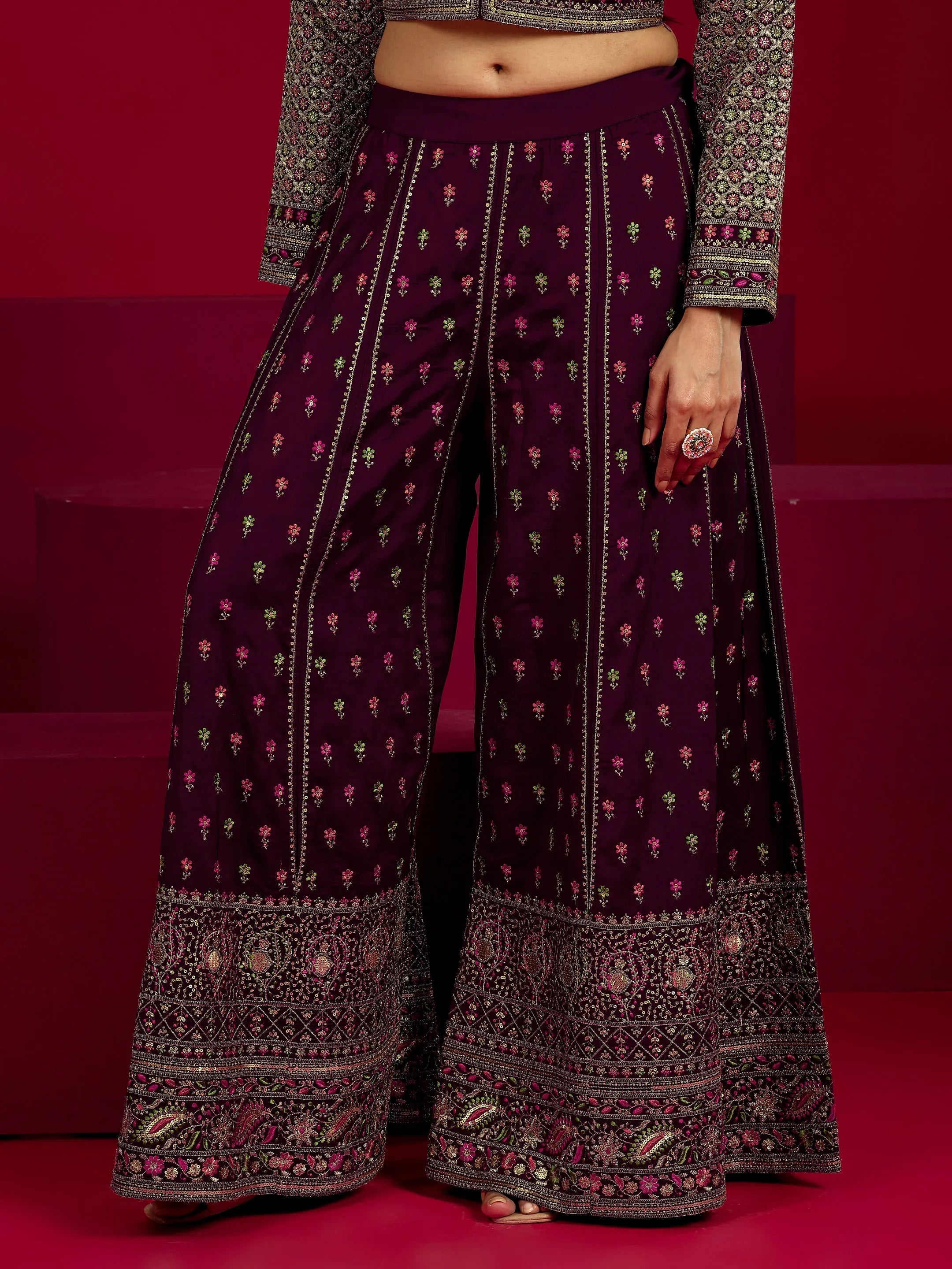 Libas Art Wine Embroidered Silk Blend 3 Piece Co-Ord Sets With Dupatta